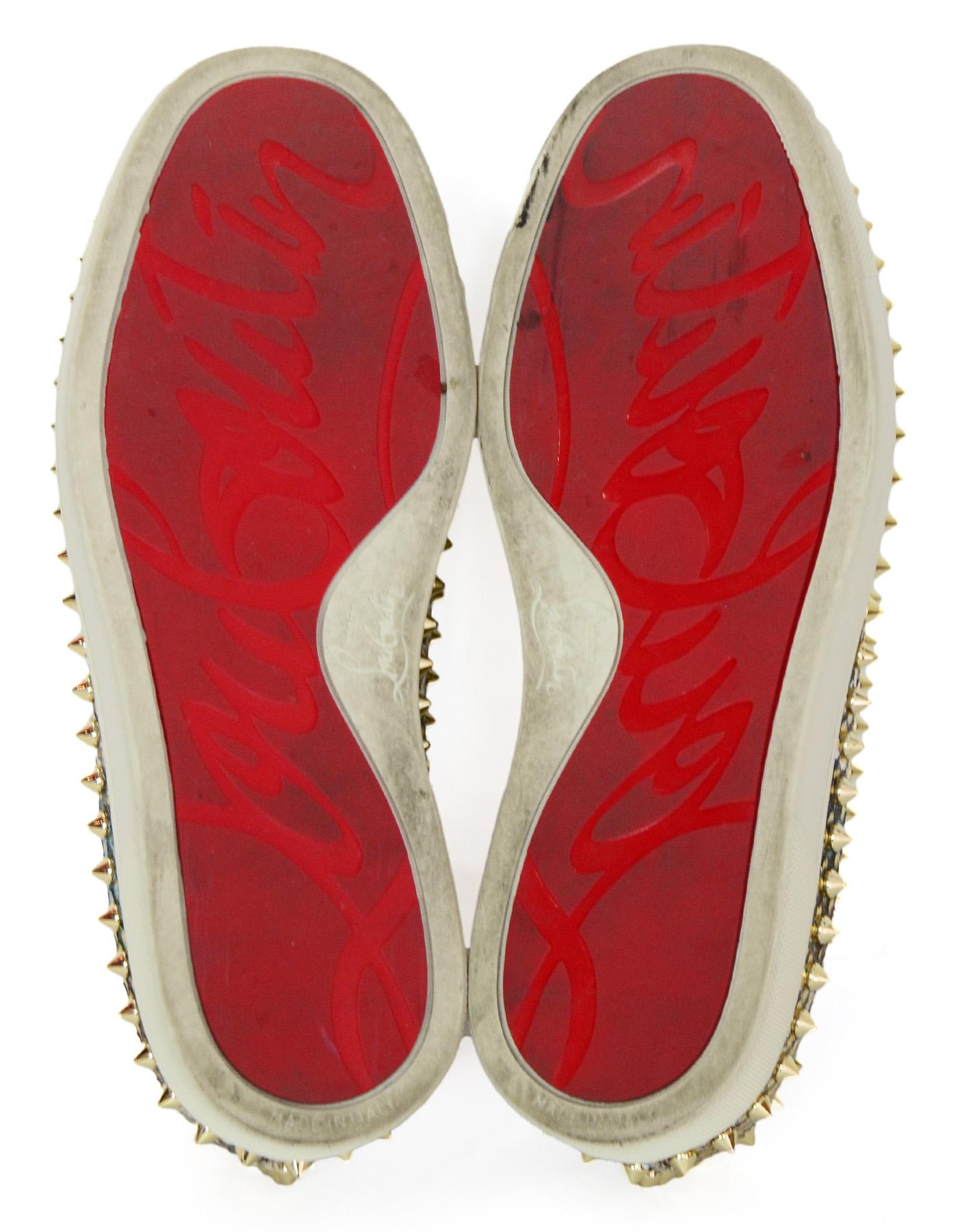 Christian Louboutin Metallic Python Studded Pik Boat Slip-On Sneakers sz 38.5  In Excellent Condition In New York, NY