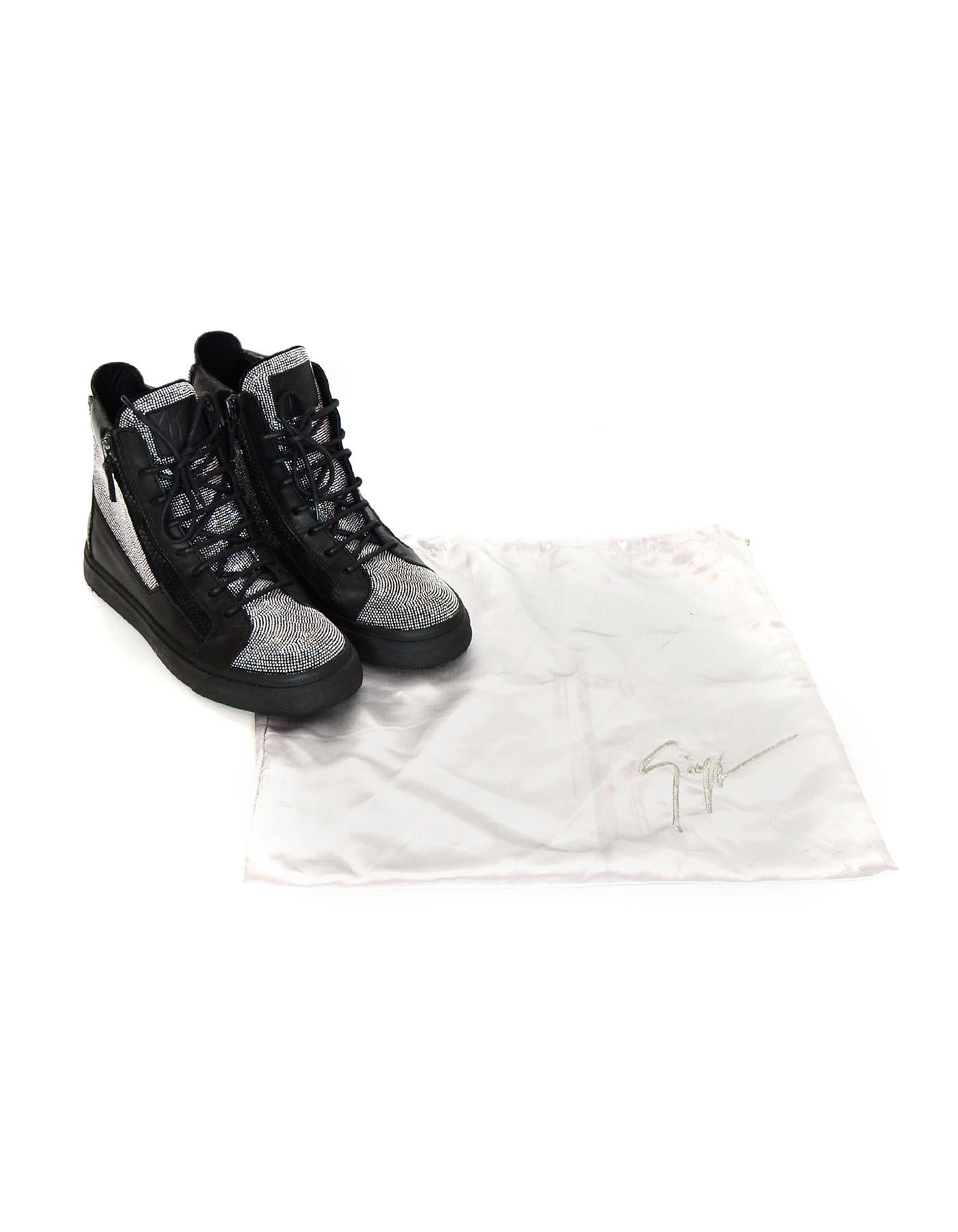 Giuseppe Zanotti Black High Top Lace Up Side Zipper Unisex Sneakers With Crystal and Dust Bag 

Made In: Italy 
Color: Black and silver crystal 
Hardware: Black side and back zippers
Materials: Leather, rubber soles, crystal mesh detailing
