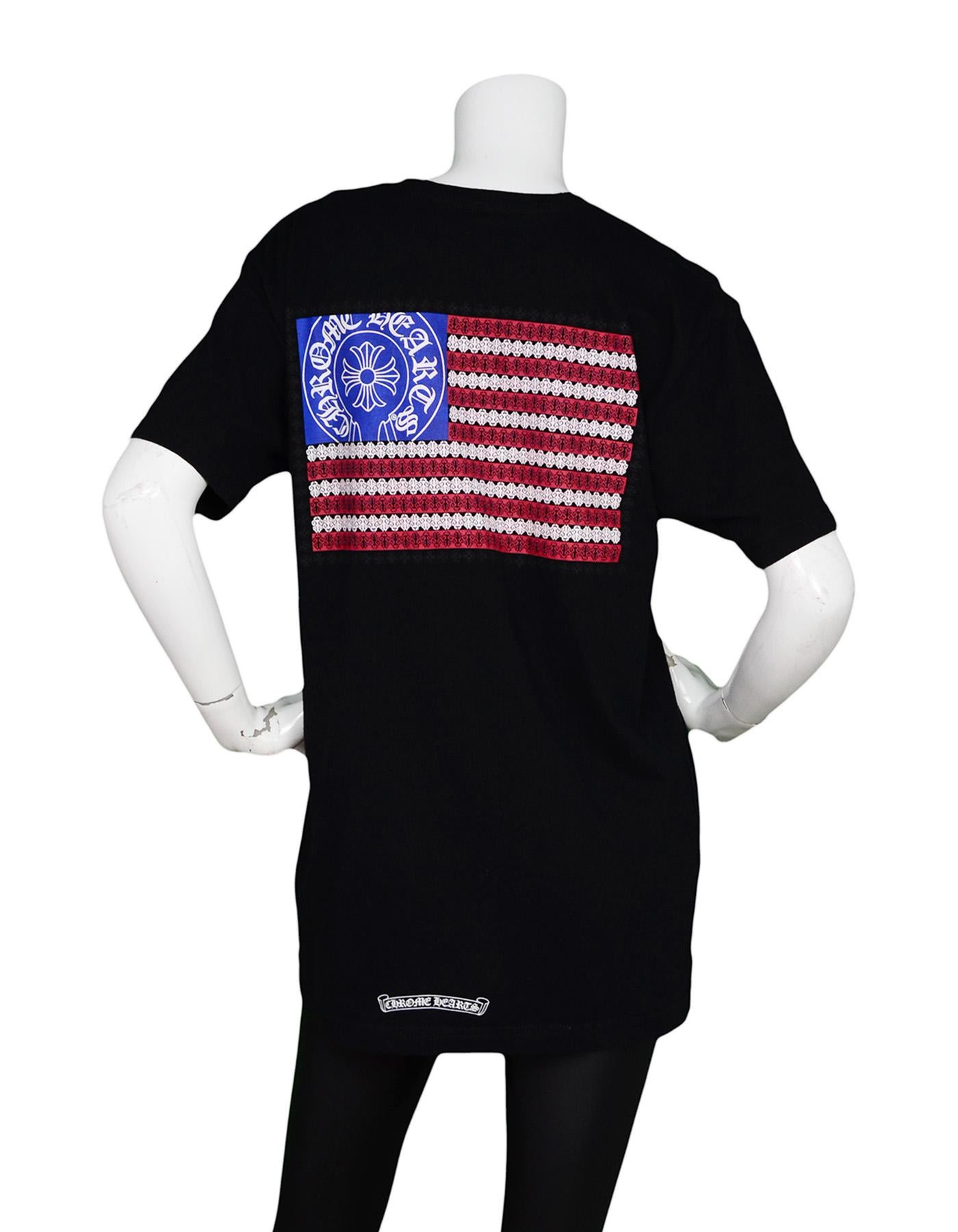 Chrome Hearts Men's Black Flag American Flag Cotton Pocket Short Sleeve T-Shirt Top, sz Large

Made In: USA
Color: Black, blue, red, white
Materials: 100% Cotton
Overall Condition: Excellent pre-owned condition 
Measurements: 
Shoulder To Shoulder: