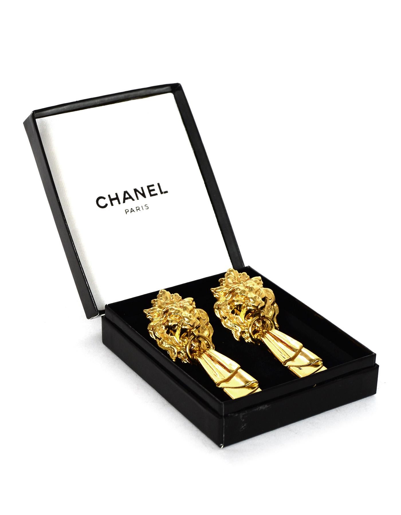 Chanel Vintage Goldtone Lionhead Dangle Clip-on Drop Earrings 1