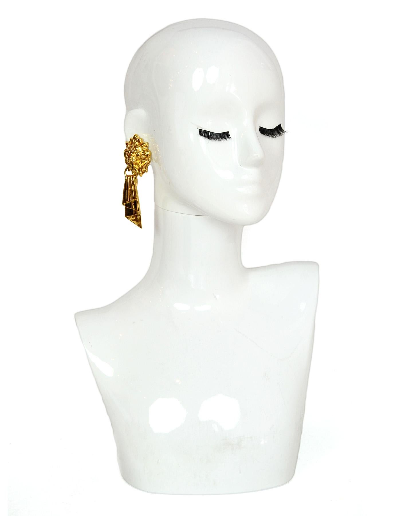 Women's Chanel Vintage Goldtone Lionhead Dangle Clip-on Drop Earrings