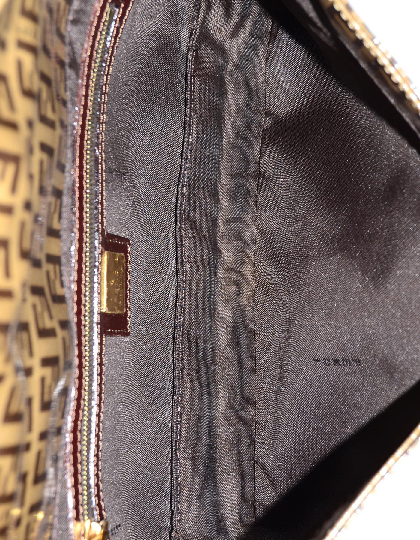 Fendi Tan Coated Canvas Monogram Zucca Baguette Bag w/ Gold Glitter Logo Buckle In Excellent Condition In New York, NY