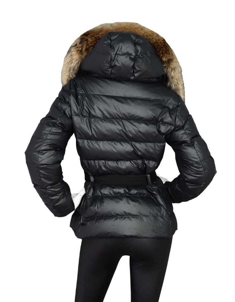 Moncler Black Tatie Raccoon Trim Gunmetal Logo Belt Down Puffer