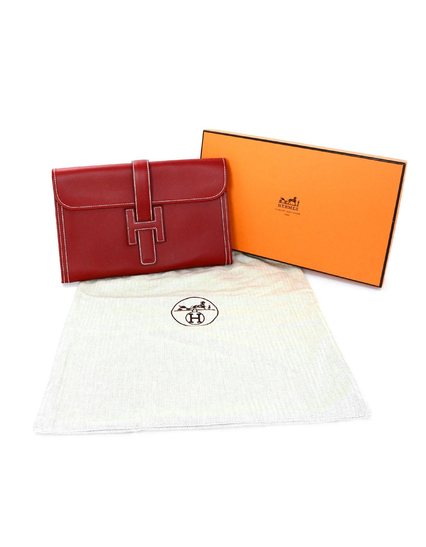 Hermes Brick Red Leather Jige PM H Clutch Bag w/ White Contrast Stitching 1