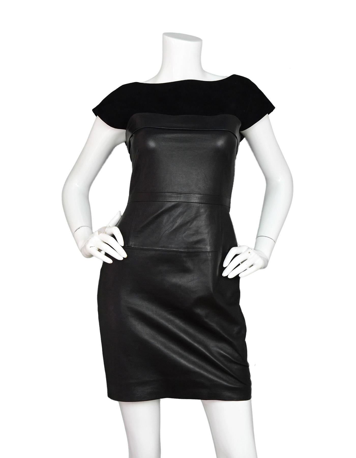 Gucci Black Sleeveless Leather Dress W/ Suede Bodice sz 38 (US XS)

Made In: Italy
Color: Black
Materials: Leather and suede (no composition tag)
Lining:  Black textile 
Opening/Closure: Hidden back zipper
Overall Condition: Excellent pre-owned
