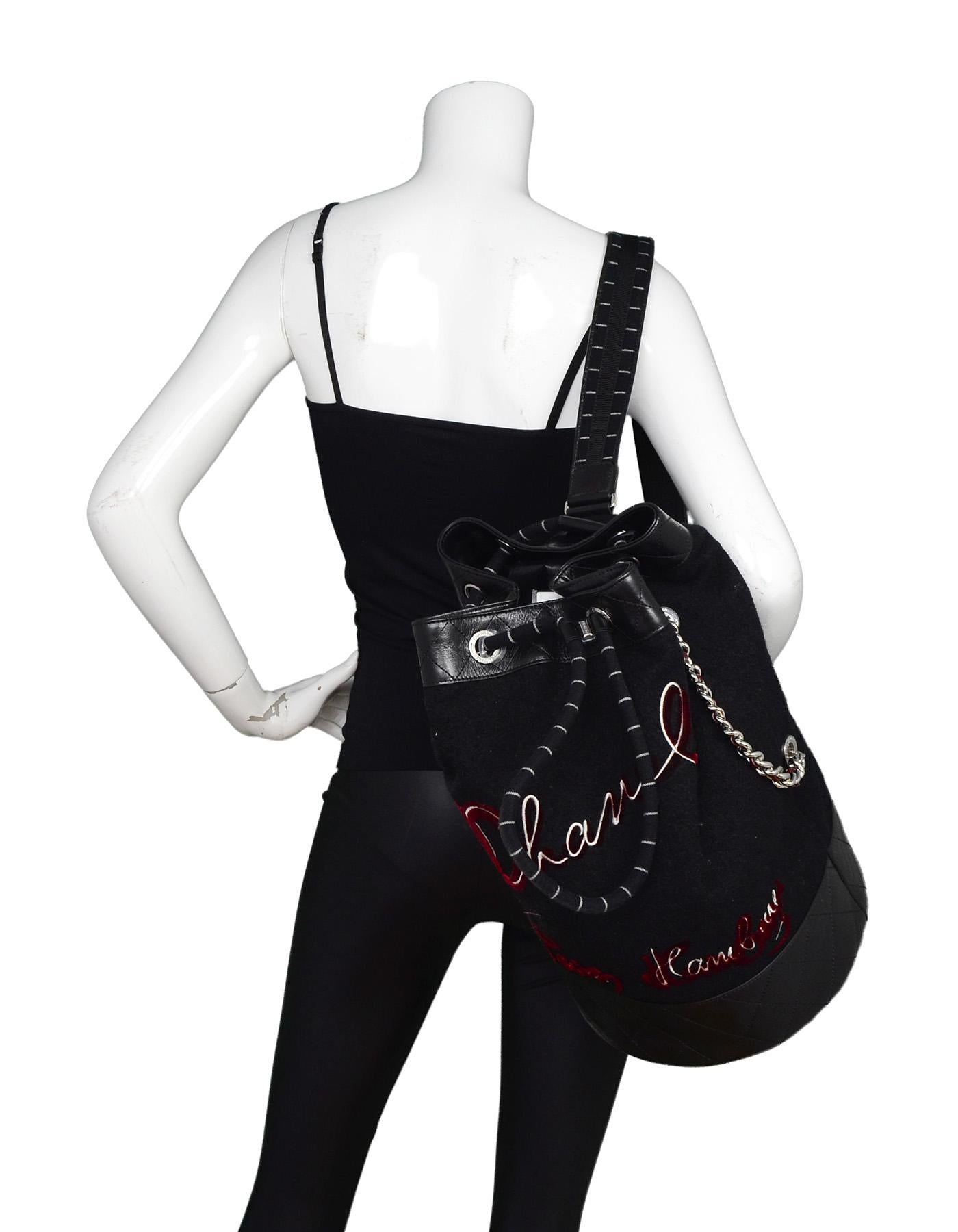 Chanel 2018 Black/ Red Chanel Paris Hamburg Embroidered Wool Sling Backpack Bag 2