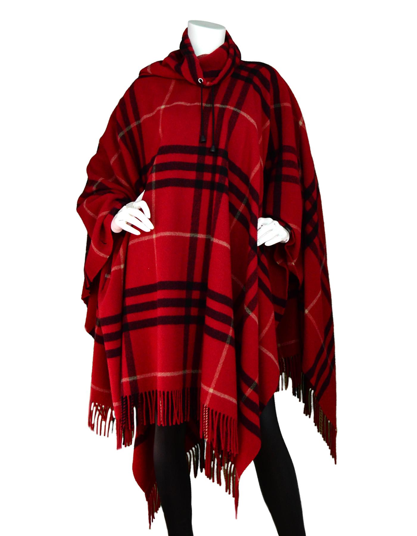 Burberry London Red/Black Nova Tartan Plaid Fringe Cowlneck Poncho One Size

Made In: England
Color: Red and Black
Materials: 100% Lambswool 
Opening/Closure: Pullover with drawstring, one button on each side of poncho 
Overall Condition: Excellent