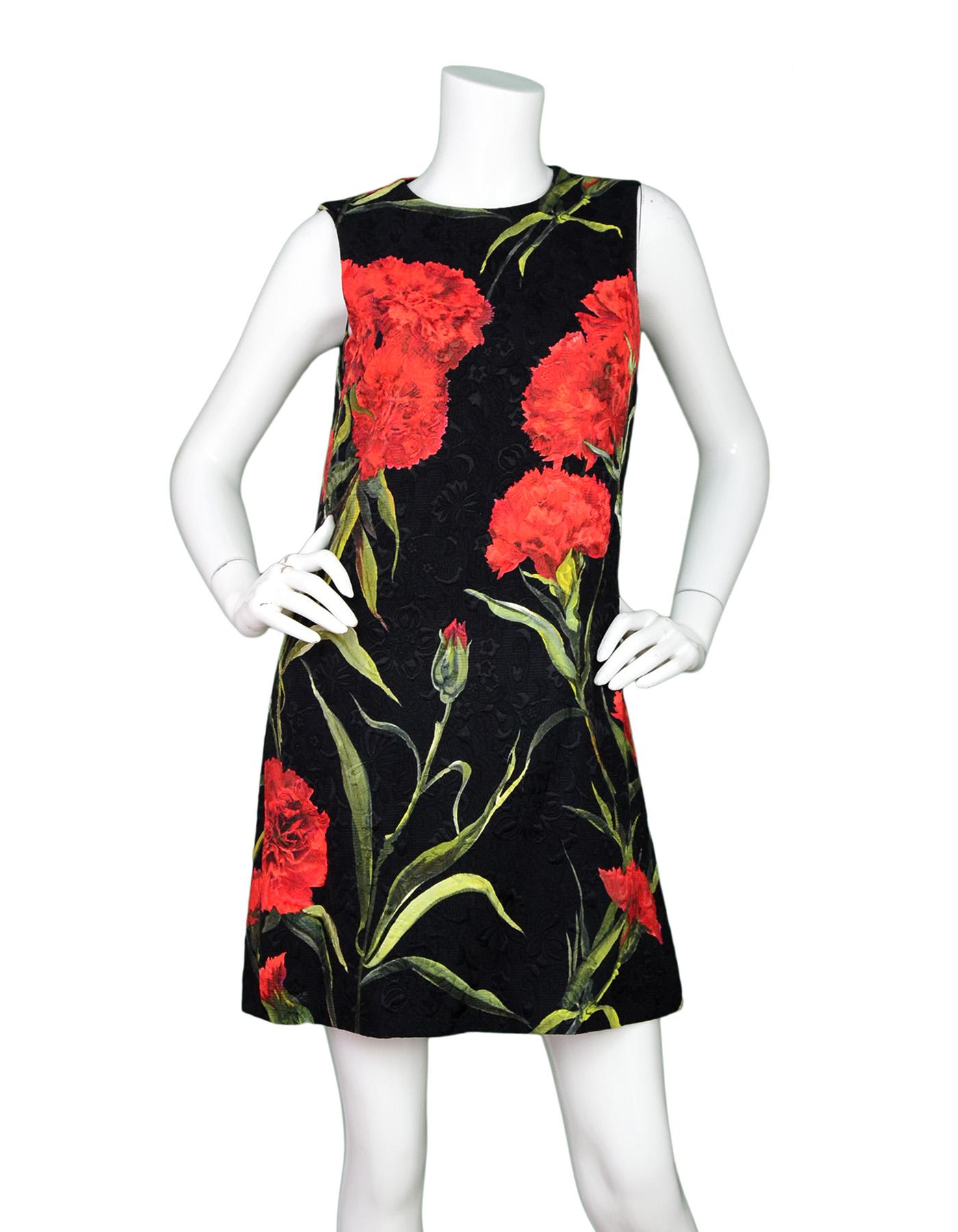 Dolce & Gabbana Red/Black Carnation Floral Brocade Print Sleeveless Shift Dress Sz 40

Made In: Italy
Year of Production: 2015
Color: Black, red, green
Materials: 54% cotton, 34% rayon, 12% silk
Lining: 100% polyester black and white polka
