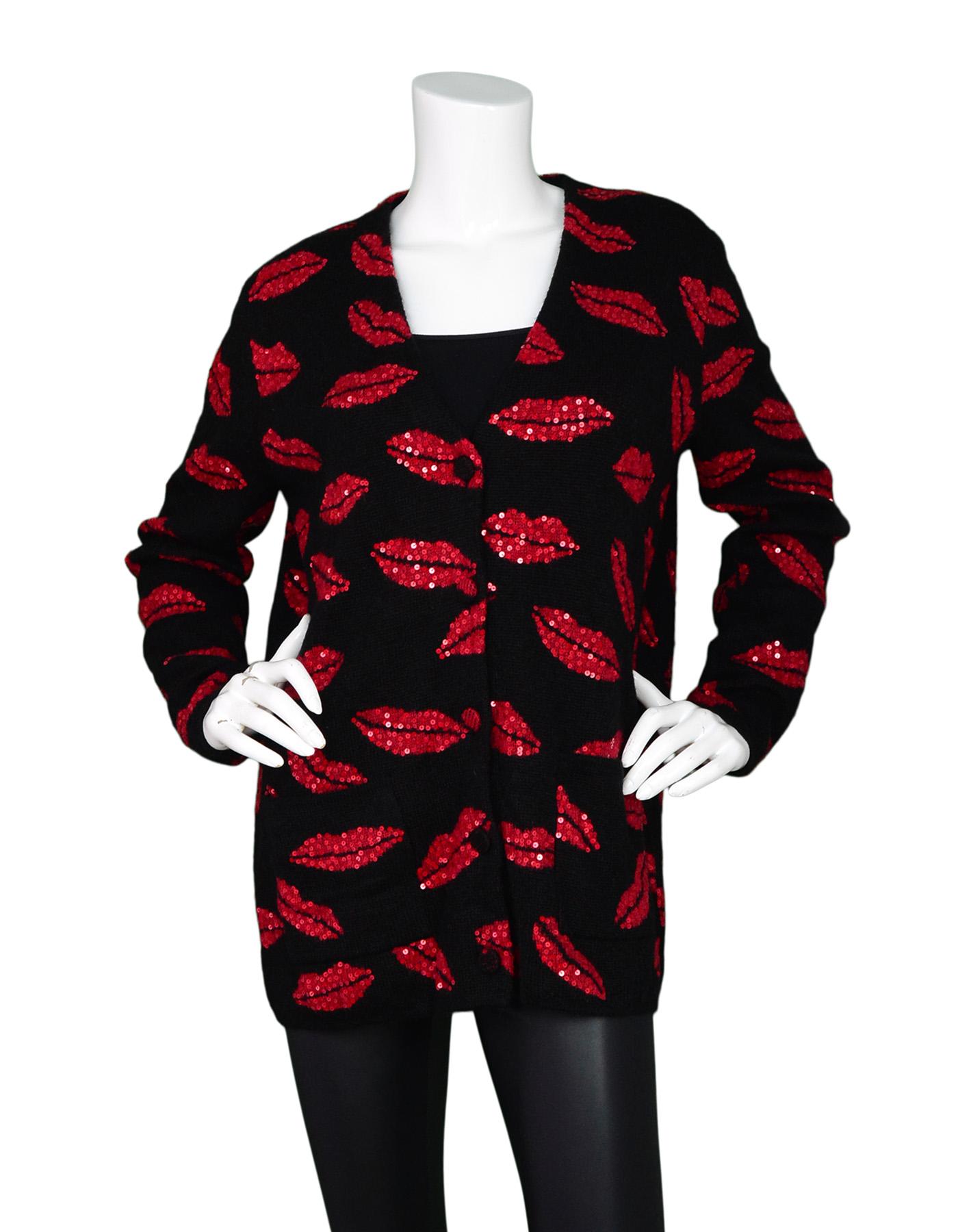 Saint Laurent Black Cardigan W/ Sequin Red Lip Print Oversized Sz M

Made In: Italy
Color: Black and red 
Materials: 40% acrylic, 30% mohair, 30 polyamide
Opening/Closure: Button up front
Overall Condition: New with tags condition 
Estimated Retail: