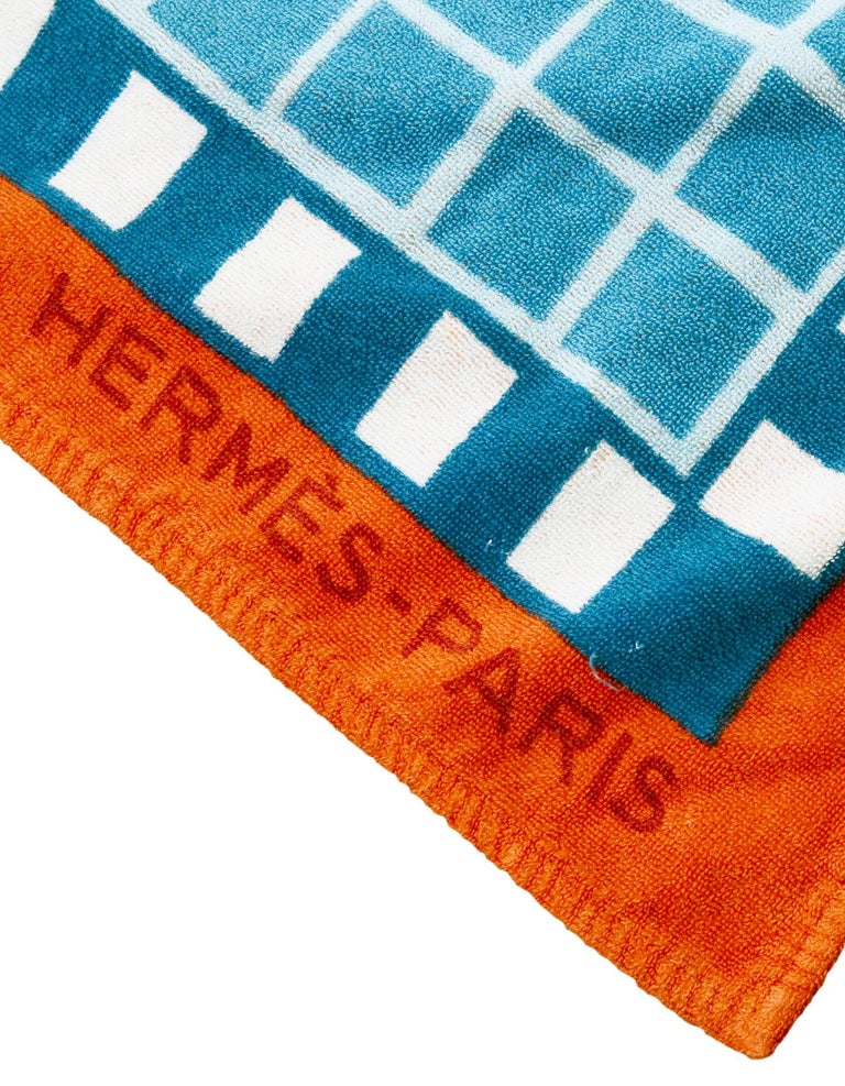 Hermes Blue/Orange Mosaic H Print Terry Cloth Cotton Beach Towel at