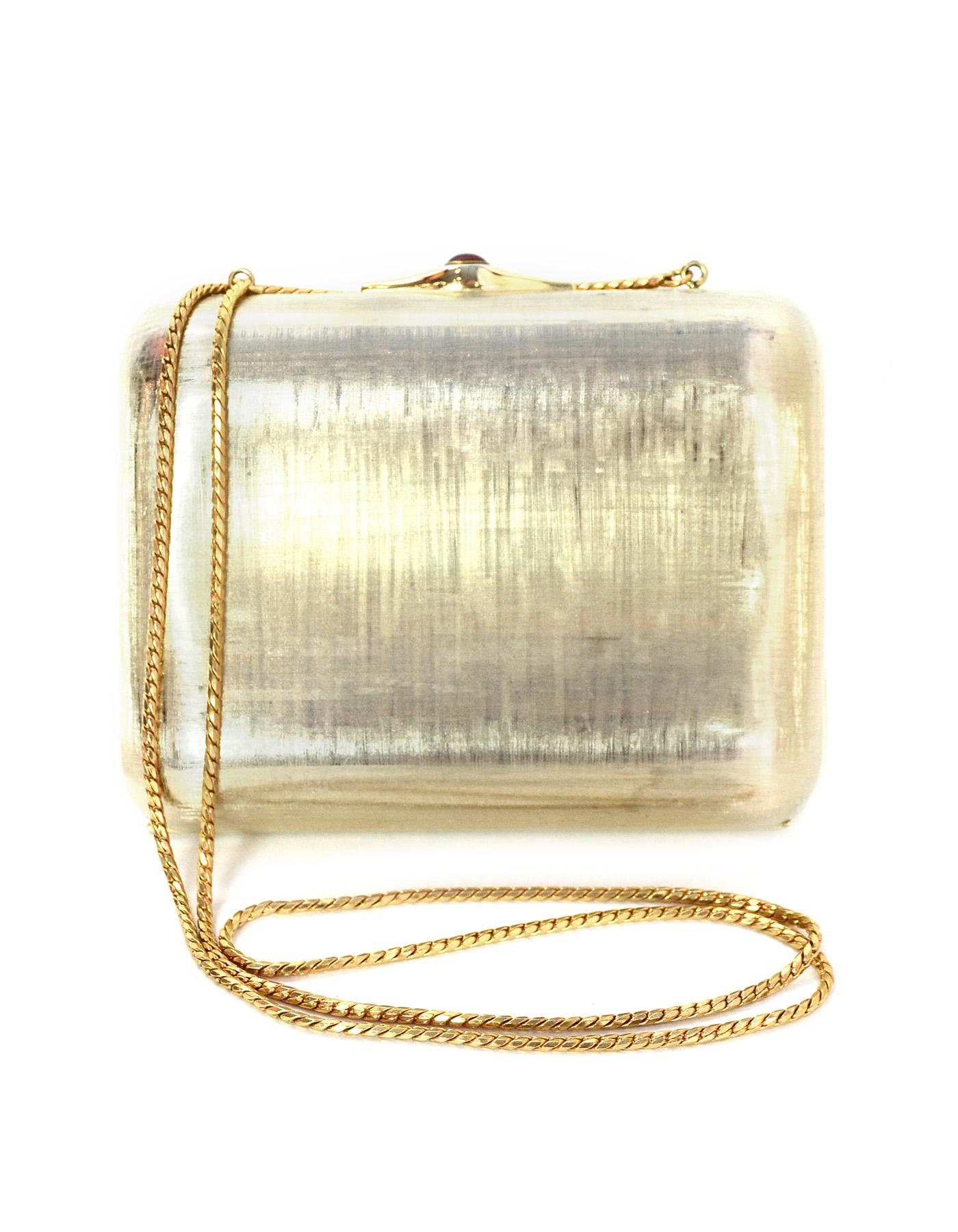 Judith Leiber Gold Minaudiere Clutch Bag w. Stone Closure & Chain Strap  In Excellent Condition In New York, NY
