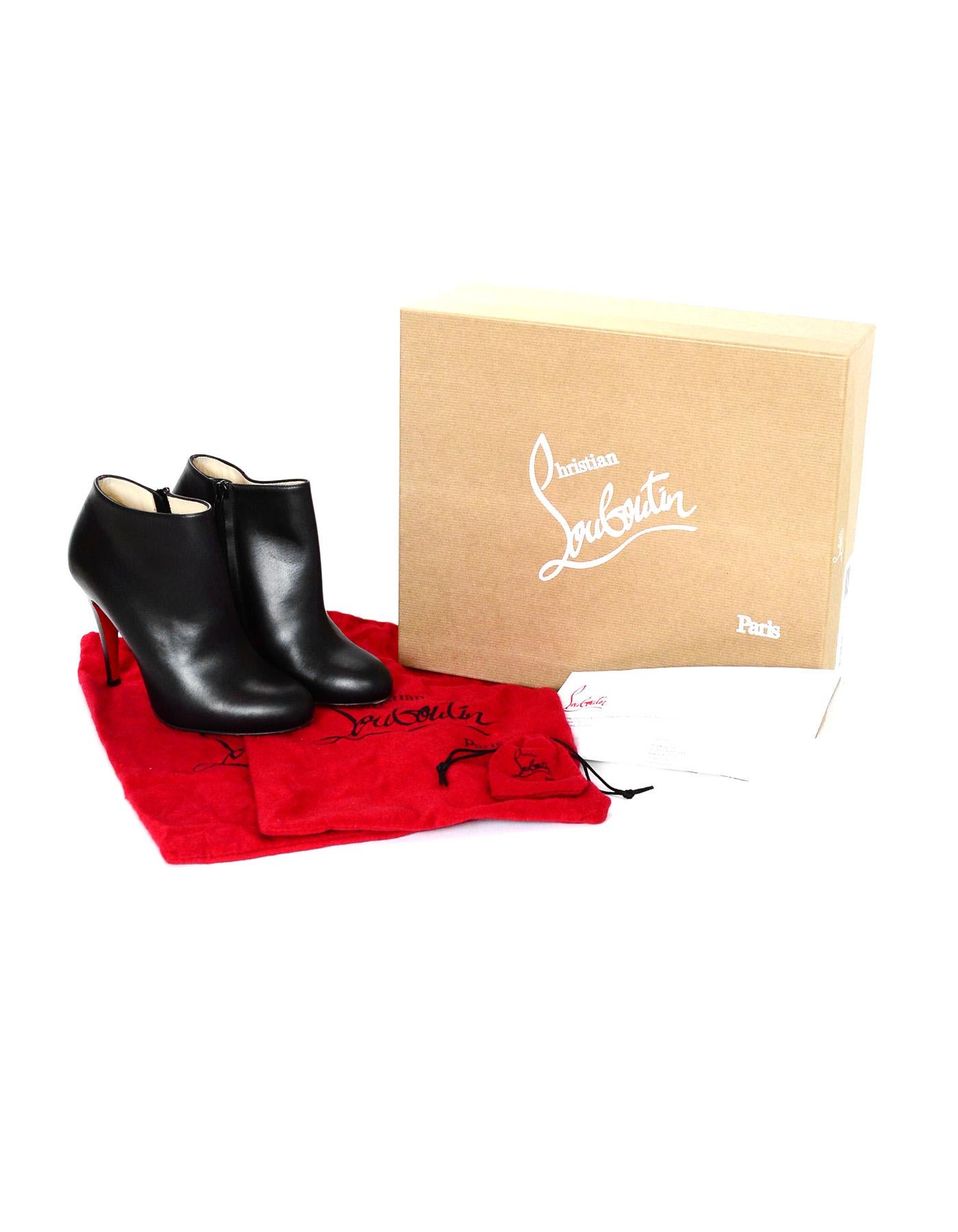 Christian Louboutin Black Leather Bellee 100 Ankle Booties Sz 36.5

Made In: Italy
Color: Black
Hardware: Black
Materials: Leather
Closure/Opening: Side zipper
Overall Condition: Excellent pre-owned condition with exception of wear on soles and