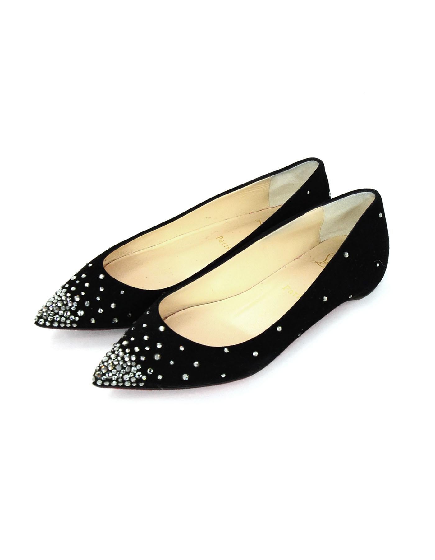 Christian Louboutin Black Suede/Crystal Point Toe Flats sz 37 In Excellent Condition In New York, NY