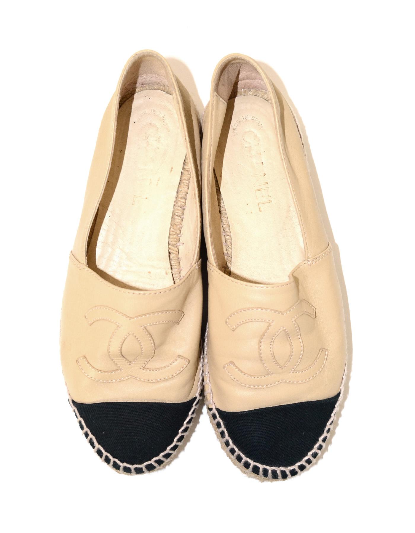 Chanel Tan/Black Leather/Canvas Espadrille Cap Toe Shoes Sz 38 2