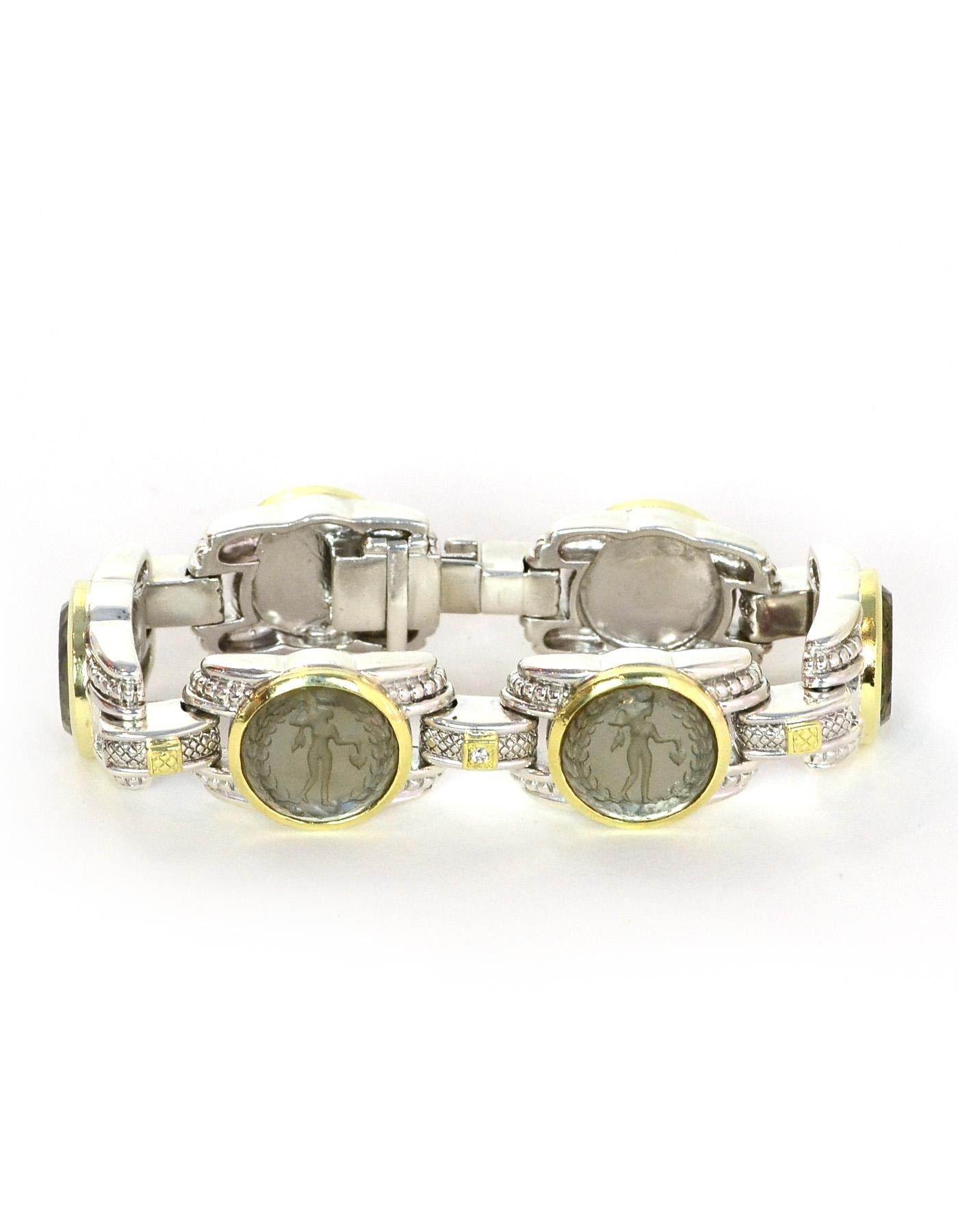 Women's Judith Ripka Silver 18K Gold Green Glass Intaglio Station Bracelet w Diamonds