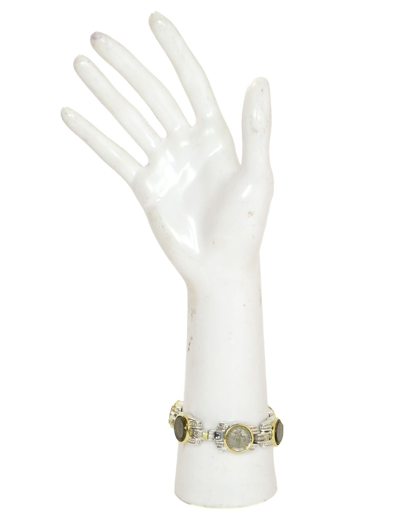 Judith Ripka Silver 18K Gold Green Glass Intaglio Station Bracelet w Diamonds In Good Condition In New York, NY