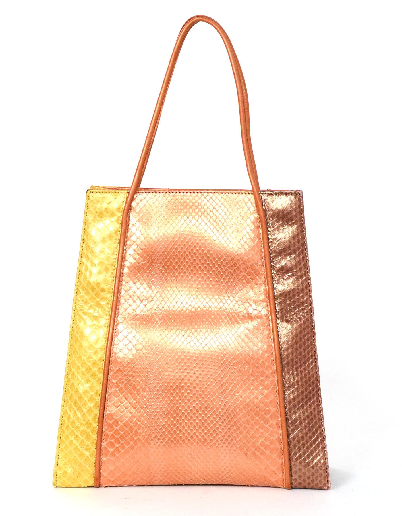 Salvatore Ferragamo Tricolor Yellow, Orange, Pink, Python Handle Bag Handbag  In Excellent Condition In New York, NY