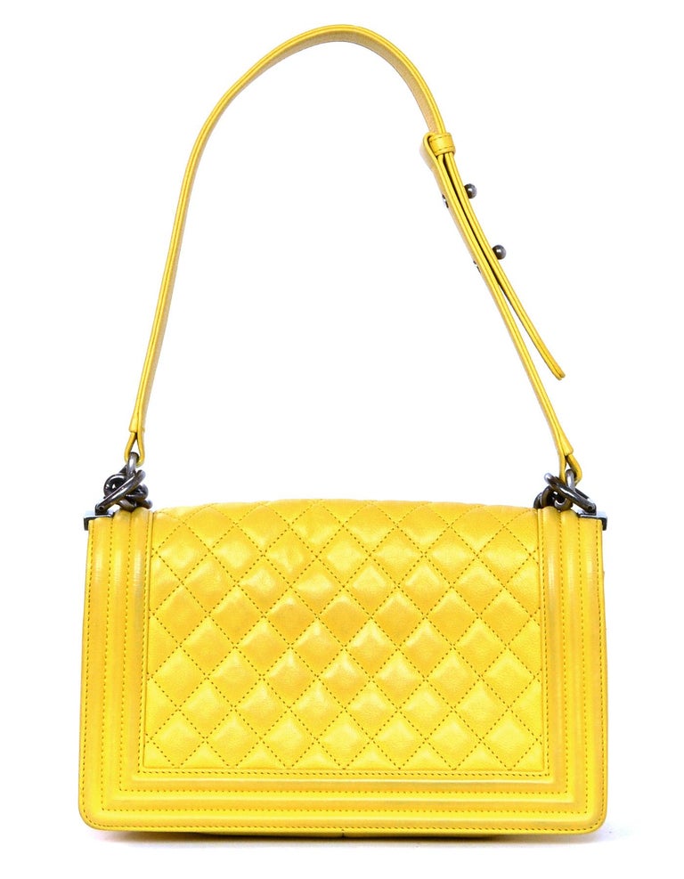 Chanel Yellow Calfskin Leather Quilted Medium Boy Flap Bag For Sale at