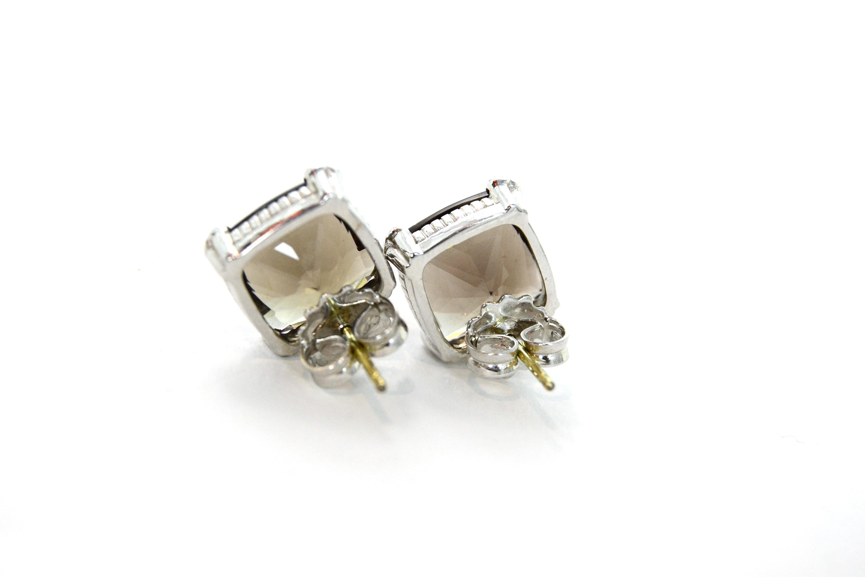 Judith Ripka Sterling/Diamond Smoky Quartz Stud Earrings In Excellent Condition In New York, NY