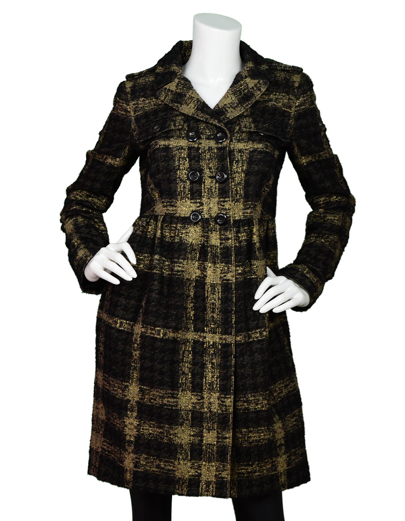 Burberry London Gold/Brown/Black Plaid Double Breasted Coat W/ Pleated Skirt Sz 6

Made In: Poland 
Color: Gold, brown, and black
Materials: 69% cotton, 15% wool, 13% polyamide, 3% polyester
Lining: 50% acetate, 50% viscose 
Opening/Closure: Double