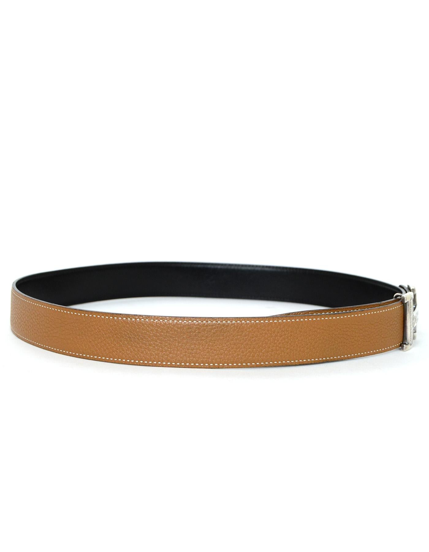 Brown Hermes Black / Tan Leather Sterling Silver Touareg Etched H Belt 90