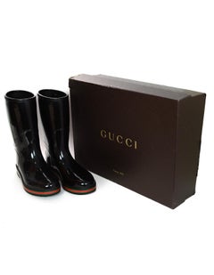 Gucci schwarz Regen Stiefel W / Logo und grün & rot Detaillierung Mens Sz 11