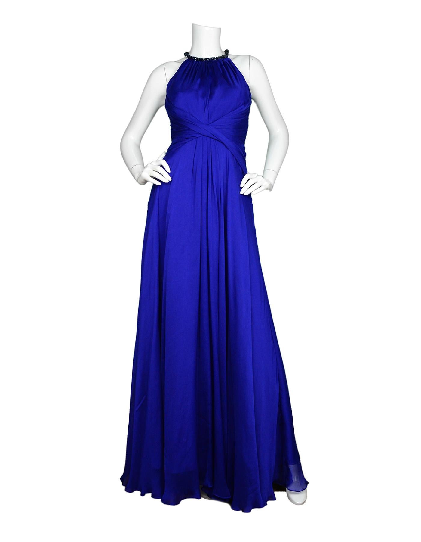 Carmen Marc Valvo NWT Royal Blue Silk Dress W/ Black Beaded Neckline Sz 2

Made In: China
Color: Royal blue and black
Materials: 100% Silk
Lining: 97% polyester, 3% spandex
Opening/Closure: Hidden back zipper
Overall Condition: New with