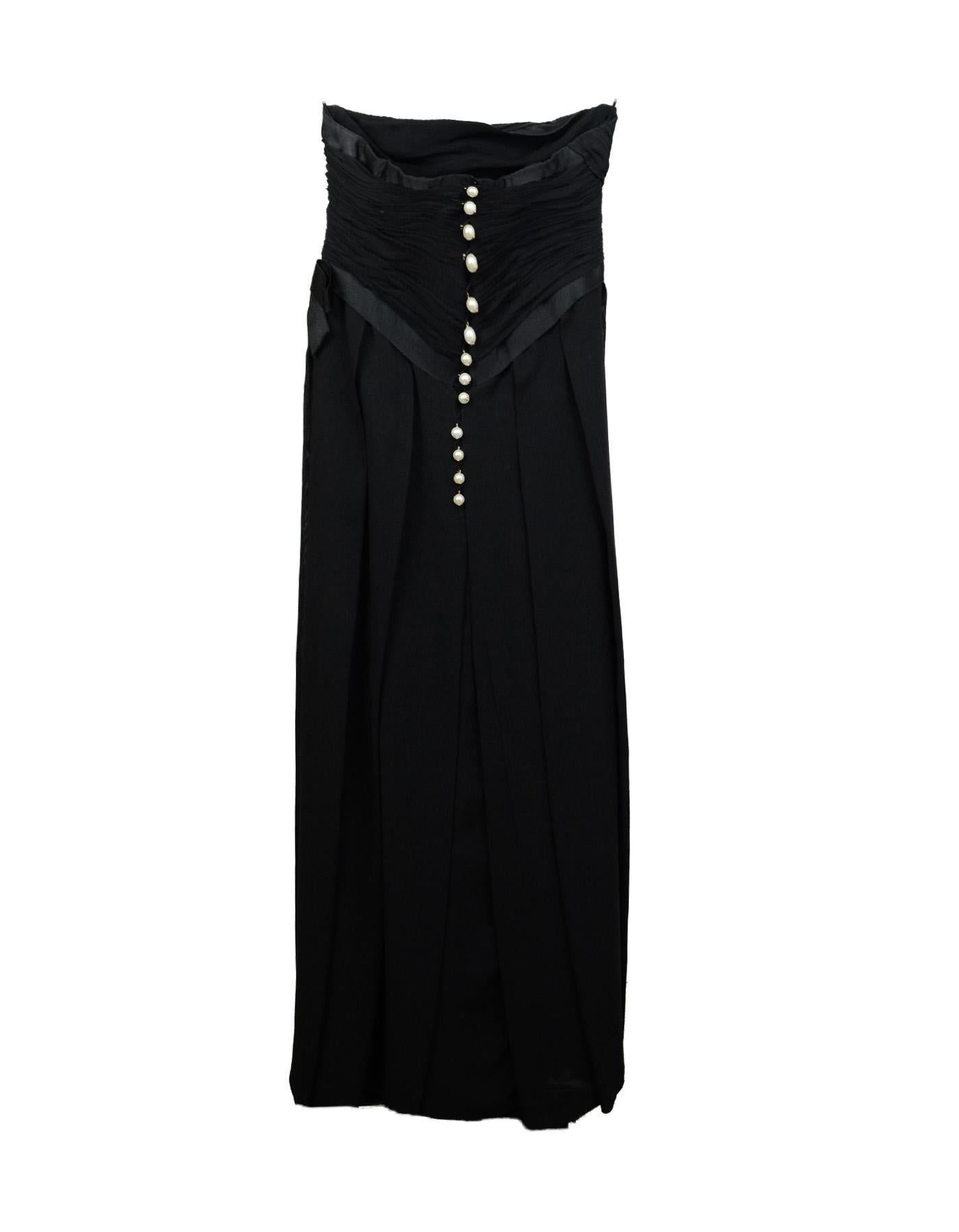 Chanel Black Silk Vintage Gown w/ CC Pearl Button Back Sz 38 In Good Condition In New York, NY