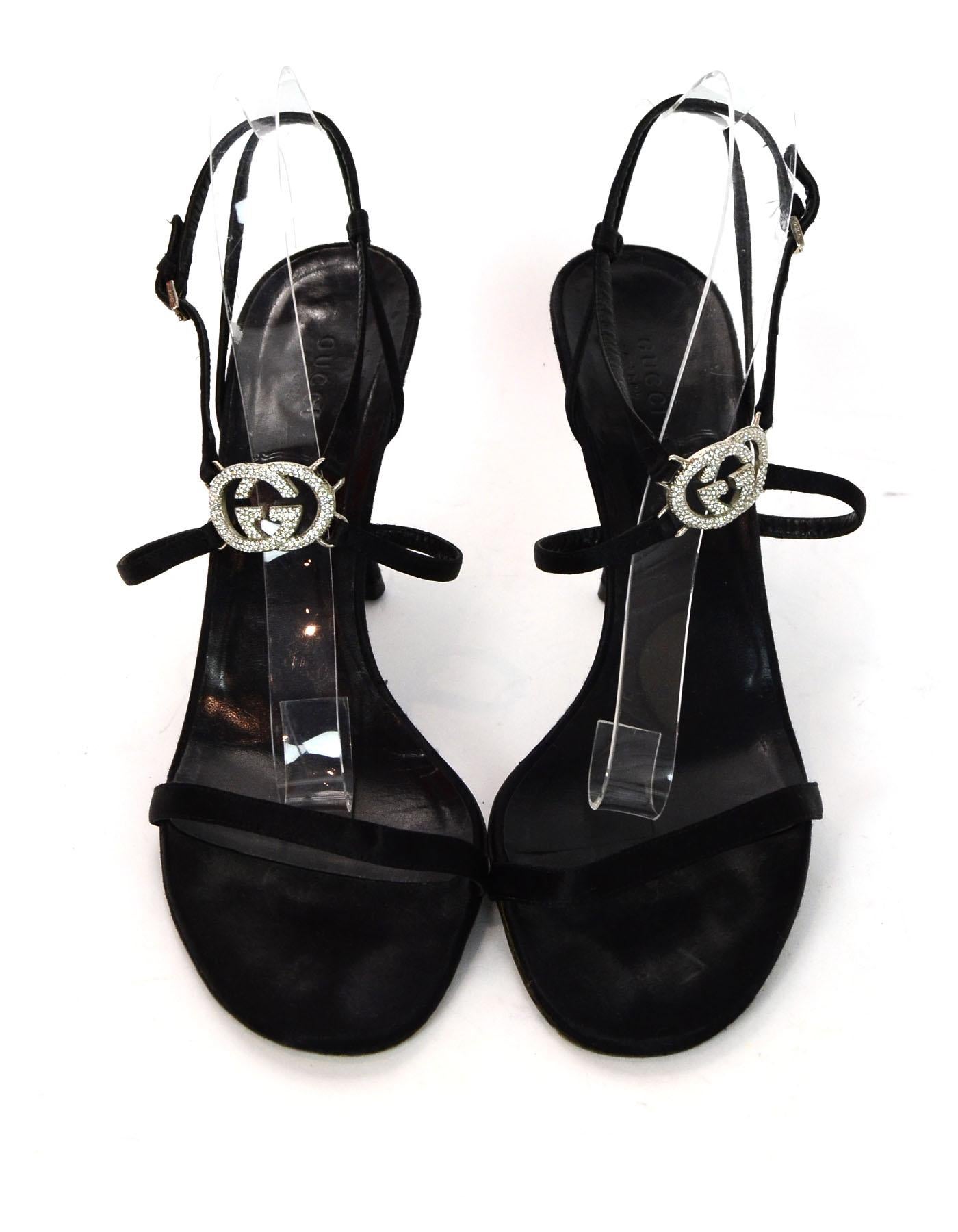 Gucci Black Satin Heeled Sandals W/ Crystal GG Logo Sz 41C Wide In Good Condition In New York, NY
