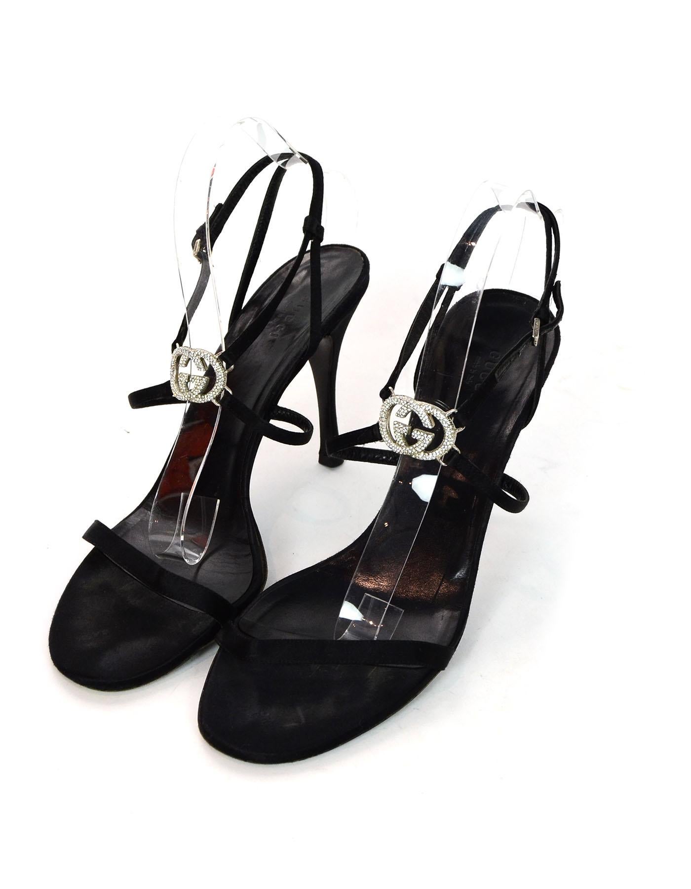 Women's Gucci Black Satin Heeled Sandals W/ Crystal GG Logo Sz 41C Wide