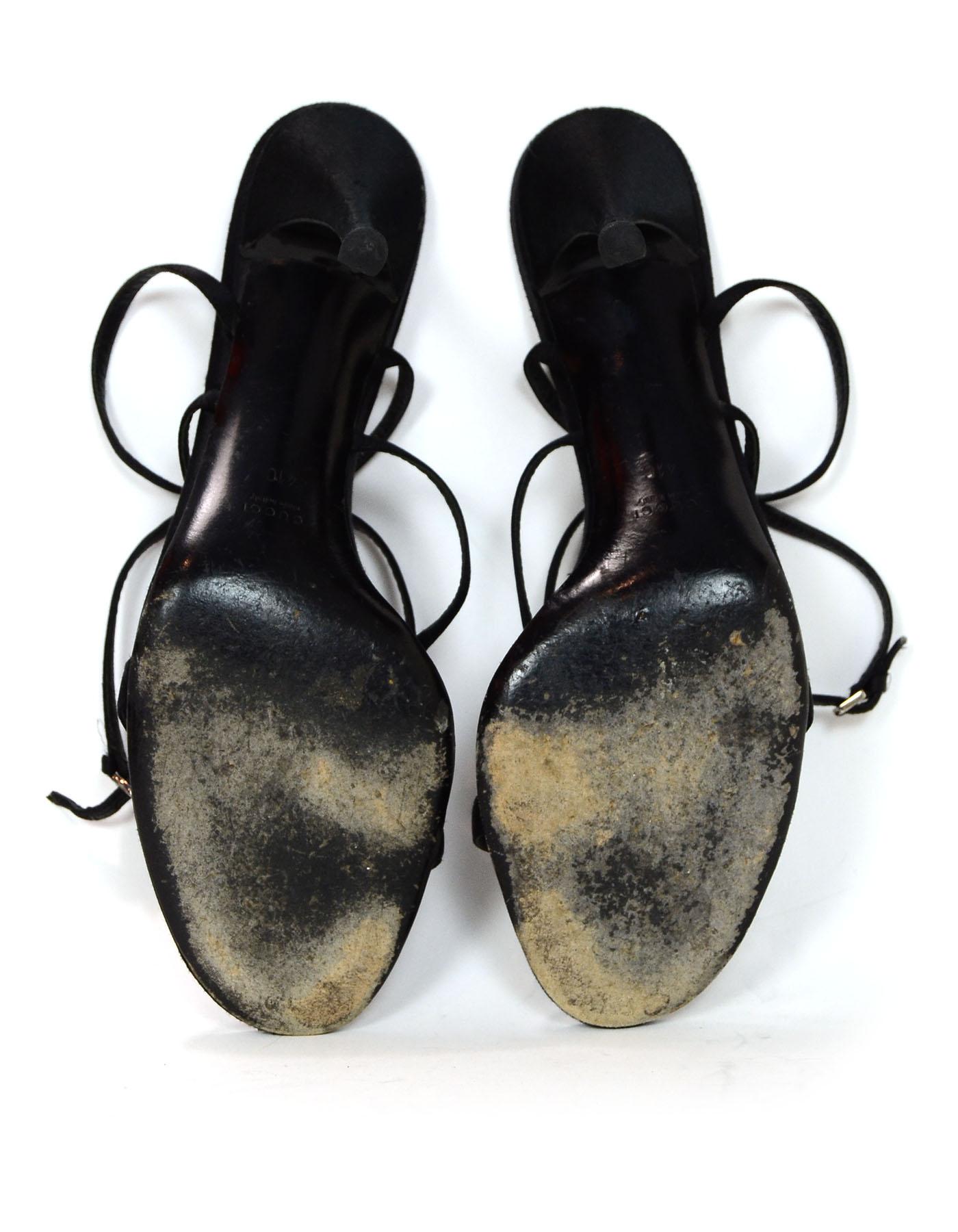 Gucci Black Satin Heeled Sandals W/ Crystal GG Logo Sz 41C Wide 2