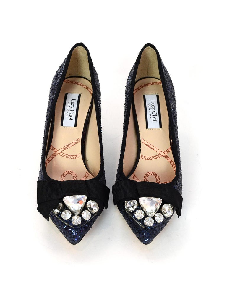 Lucy Choi Royal Navy Blue Glitter Pointed Toe Pumps W/ Bow and Crystals ...