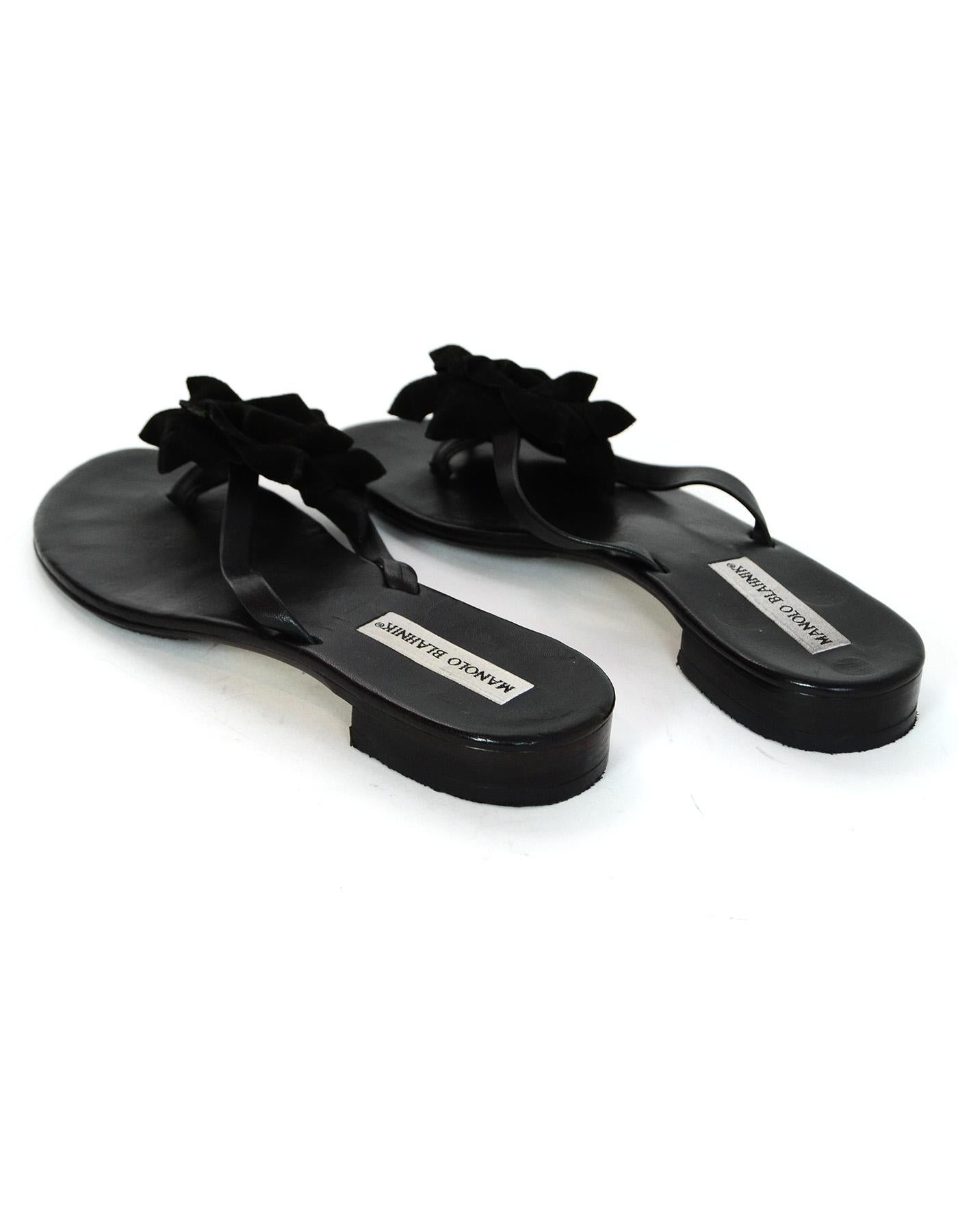 Women's Manolo Blahnik Black Leather Thong Sandals W/ Suede Flower Sz 40