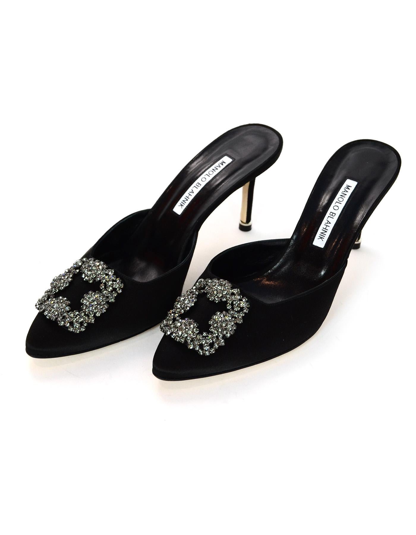 Manolo Blahnik Black Satin / Crystal Hangisi 70 Mules, 2018 In Excellent Condition In New York, NY