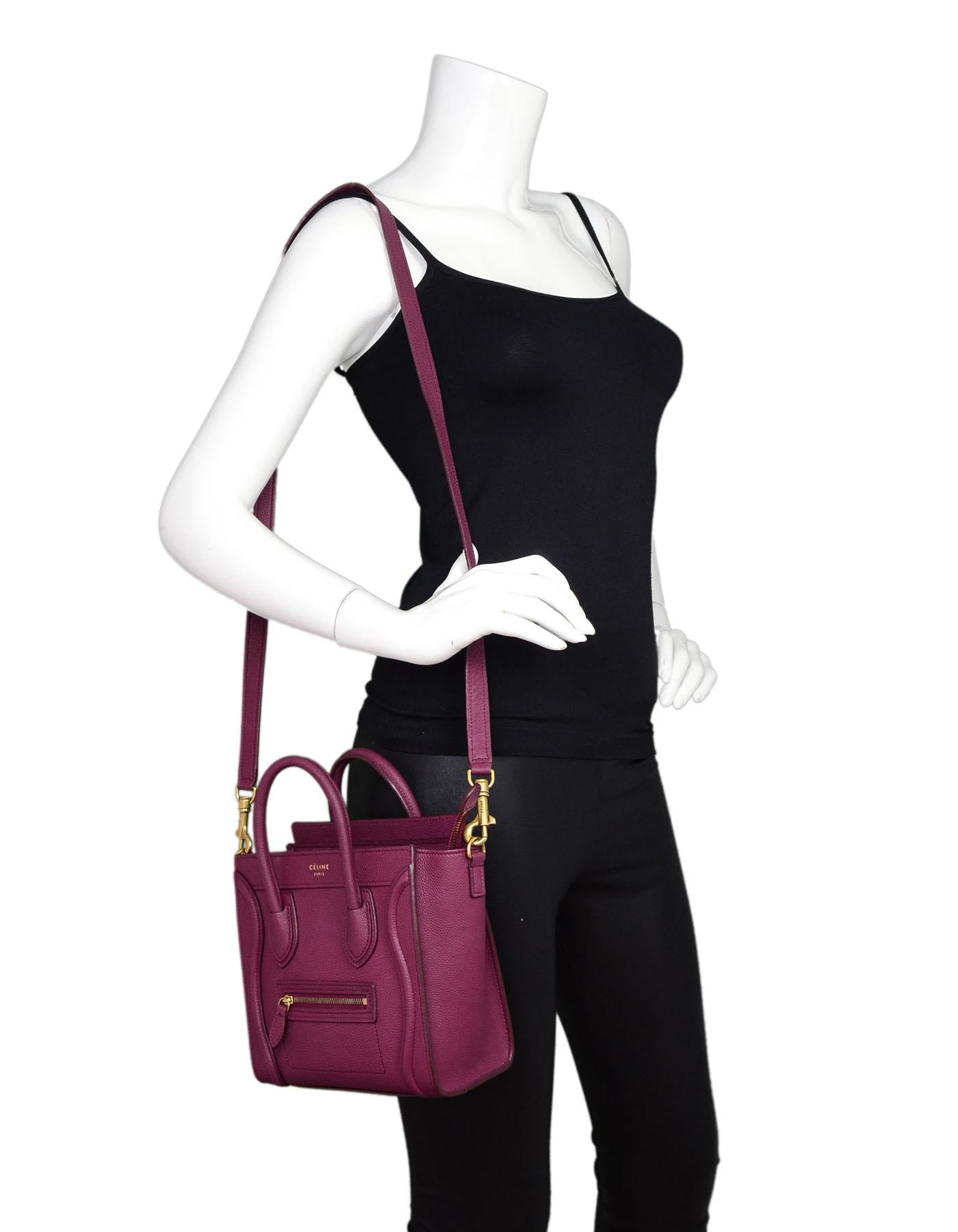 Celine Raspberry Drummed Calfskin Nano Luggage Tote

    Made In: Italy
    Color: Raspberry
    Hardware: Goldtone
    Materials: Leather, metal
    Lining: Raspberry suede
    Closure/Opening: Zip top closure
    Exterior Pockets: Front zip