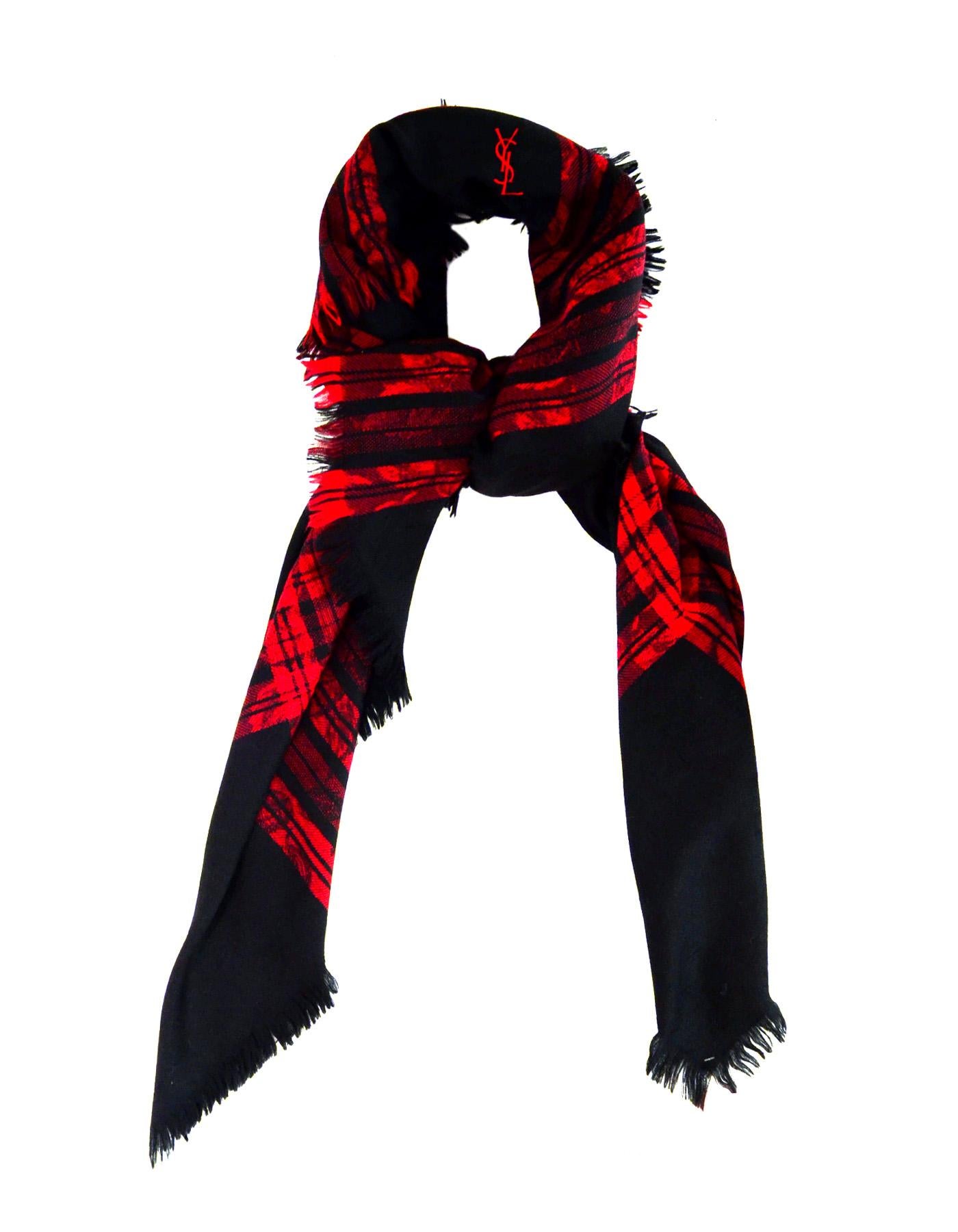 Yves Saint Laurent YSL Vintage Red/Black Jacquard Plaid Tartan Floral Wool Blanket Scarf  

Color: Red and black
Materials: no composition tag- wool 
Overall Condition: Excellent vintage pre-owned condition 
Measurements: 
58