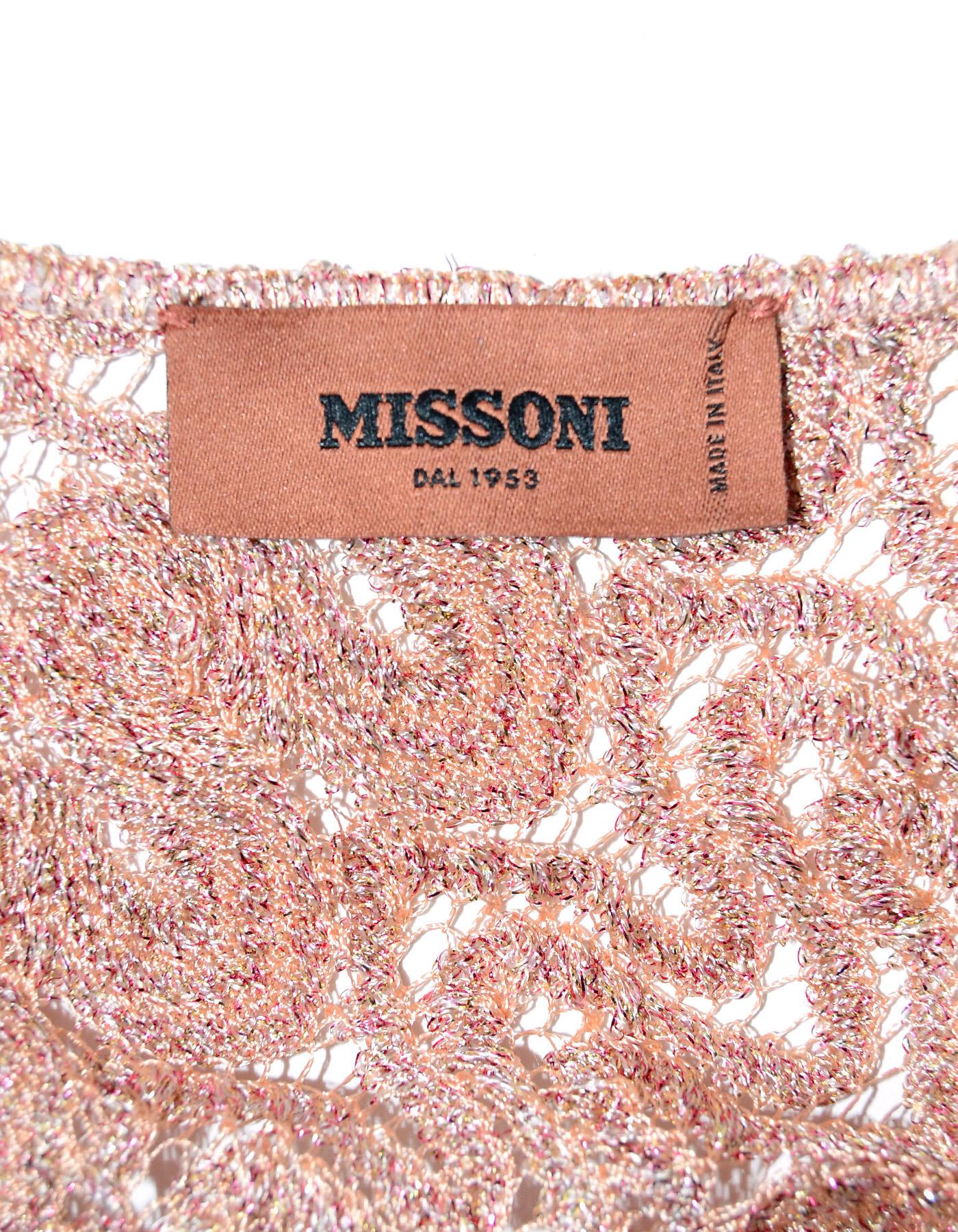 Missoni Pink Rose Gold Sparkle Knit Lace Long Sleeved Maxi Dress  In Excellent Condition In New York, NY