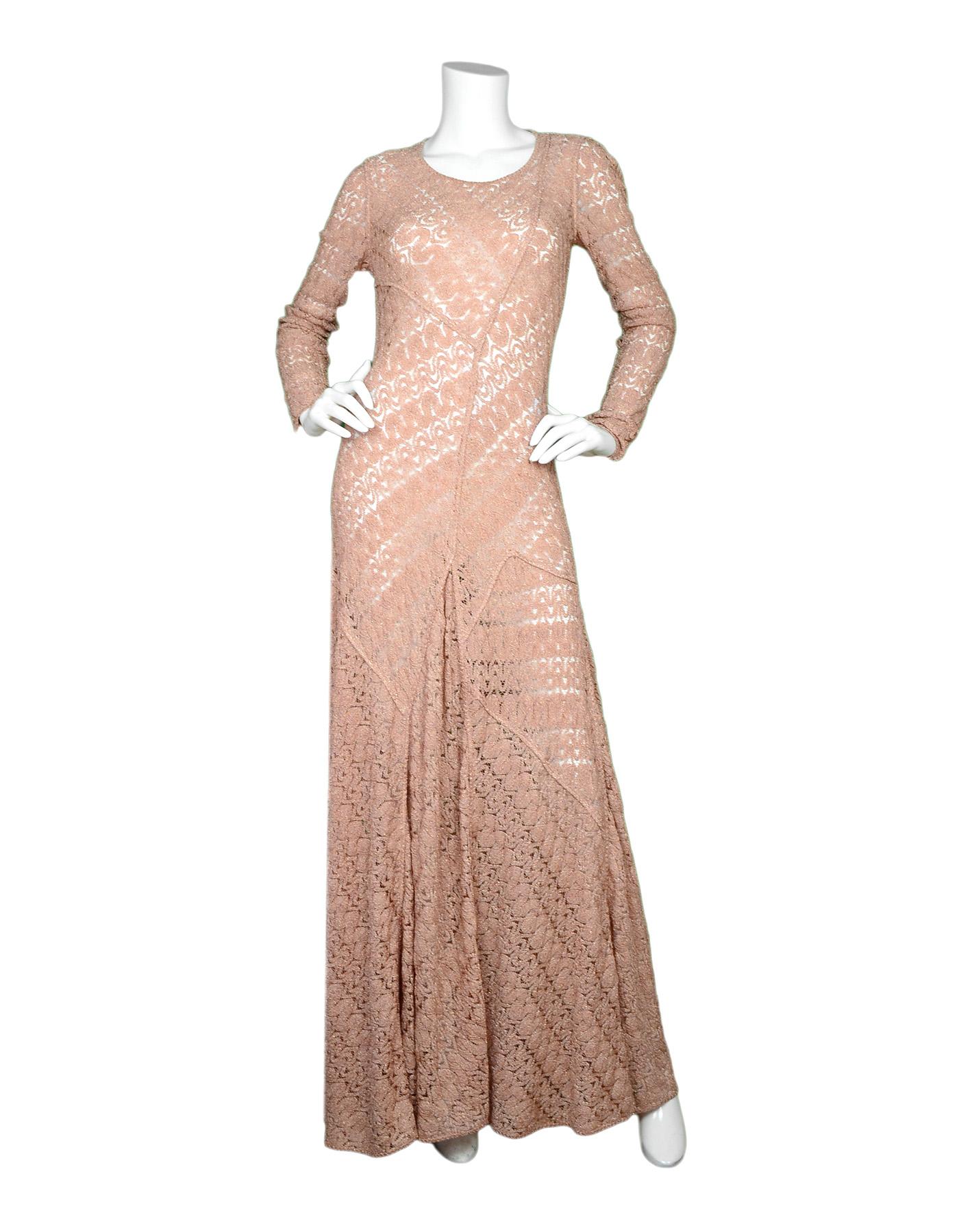 Missoni Pink Rosegold Sparkle Knit Lace Longsleeve Maxi Dress Sz S

Made In:  Italy
Color: Rosegold pink
Materials: No composition tag, knit/lace fabric with some stretch 
Lining: Unlined 
Opening/Closure: Pull over
Overall Condition: Excellent