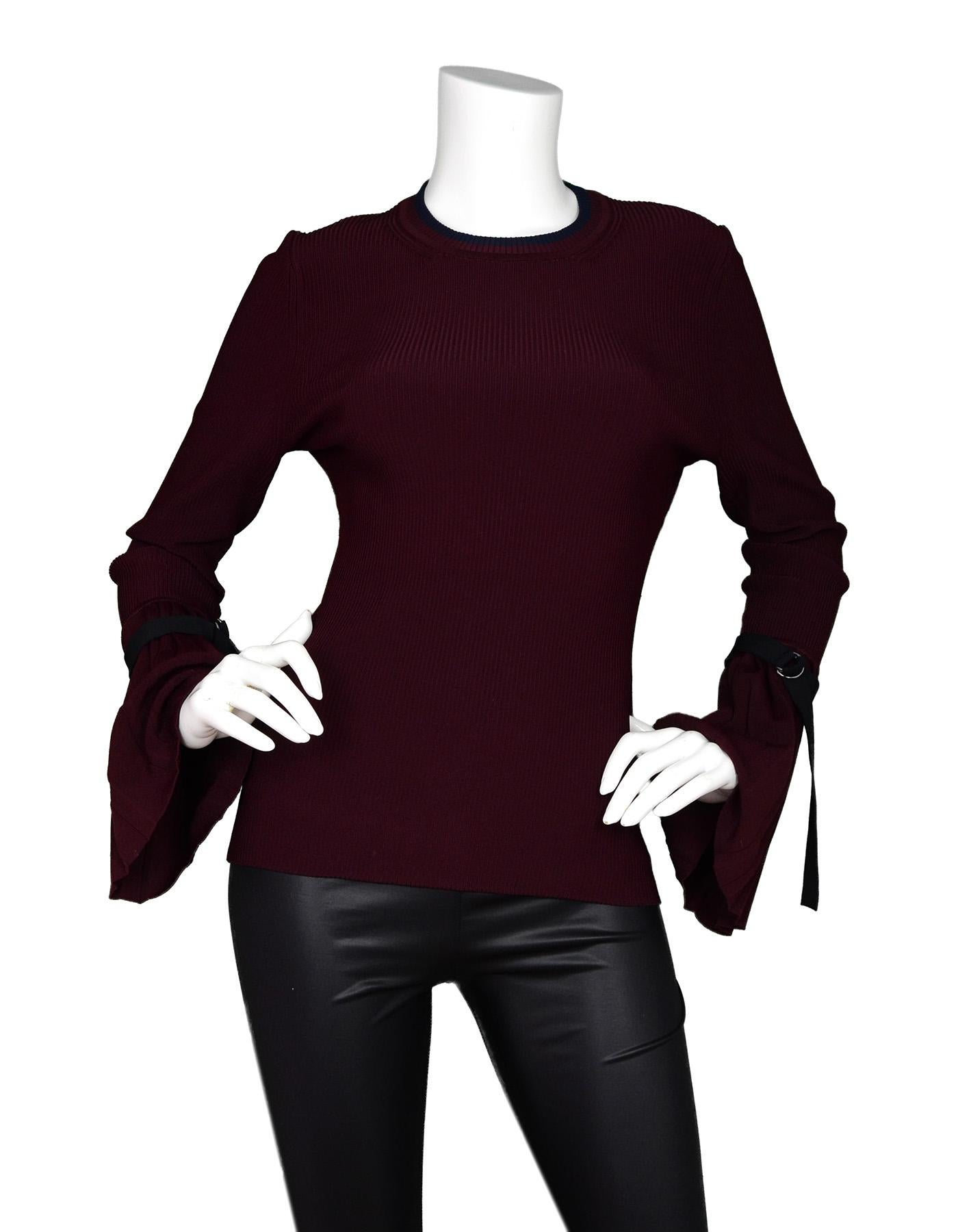 3.1 Phillip Lim Burgundy Flared Pleated Sleeves W/ Black Belt Detailing Rib Knit Sweater Sz S

Made In: China
Color: Burgundy with navy and black detailing 
Materials: Main- 86% viscose, 14% elastane. Belt- 83% viscose, 17% lycra 
Opening/Closure: