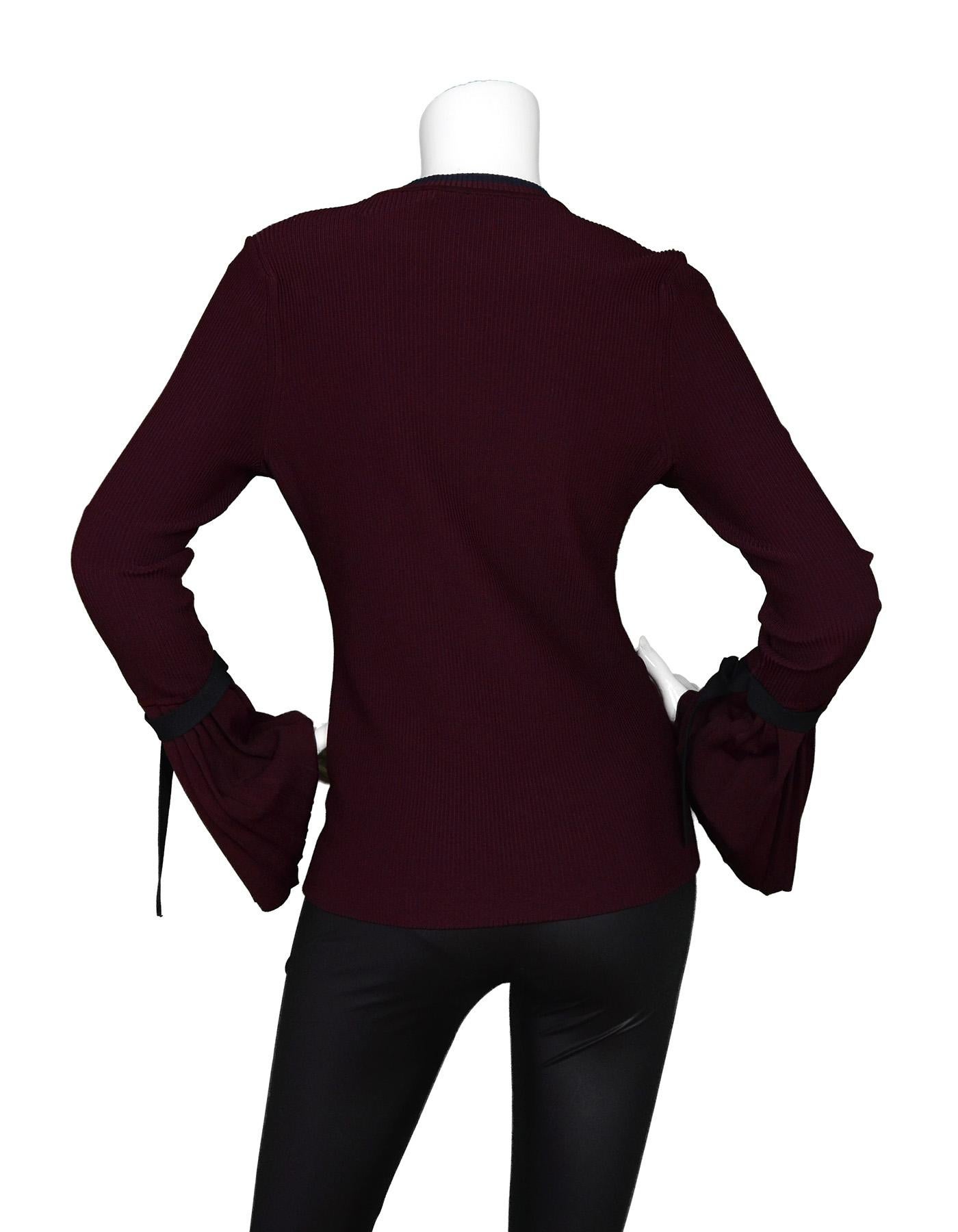 3.1 Phillip Lim Burgundy Flared Sleeves W/ Black Belt Detail Rib Knit Sz S In Excellent Condition In New York, NY