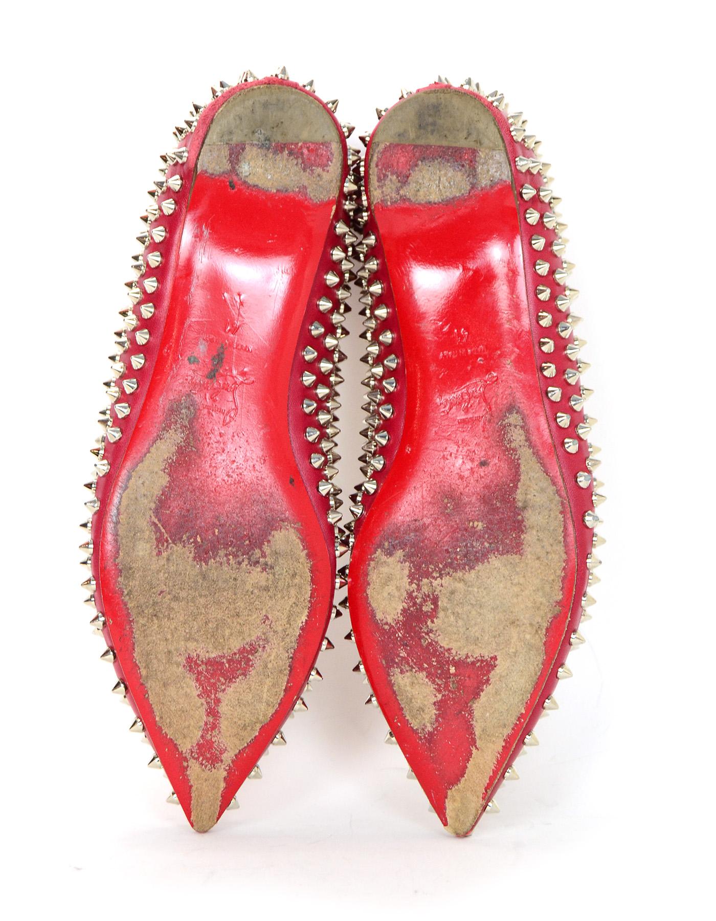 Pink Christian Louboutin Red Leather Silver Spikes Pigalle Pointed Toe Flats Sz 41