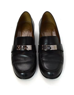 Hermes Black Leather Palladium Jule Heeled Loafers W/ Kelly Buckle Sz 40