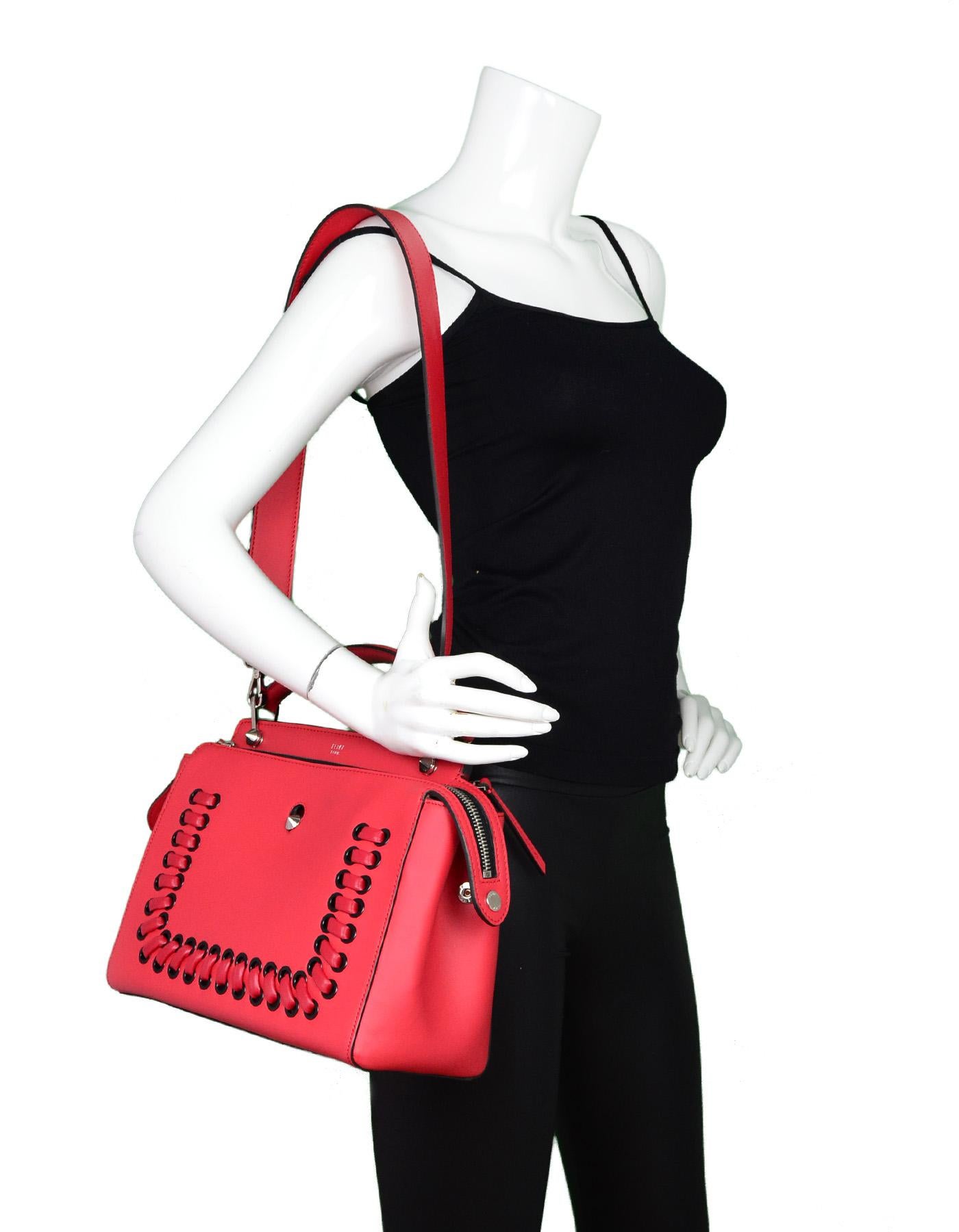 Fendi Red Nappa Leather Whipstitch Fashion Show Dotcom Satchel Bag w/ Strap

Made In: Italy 
Color: Red
Hardware: Silvertone
Materials: Nappa leather and metal 
Lining: Dark grey suede
Closure/Opening: Two zip compartments with snap ends
Exterior