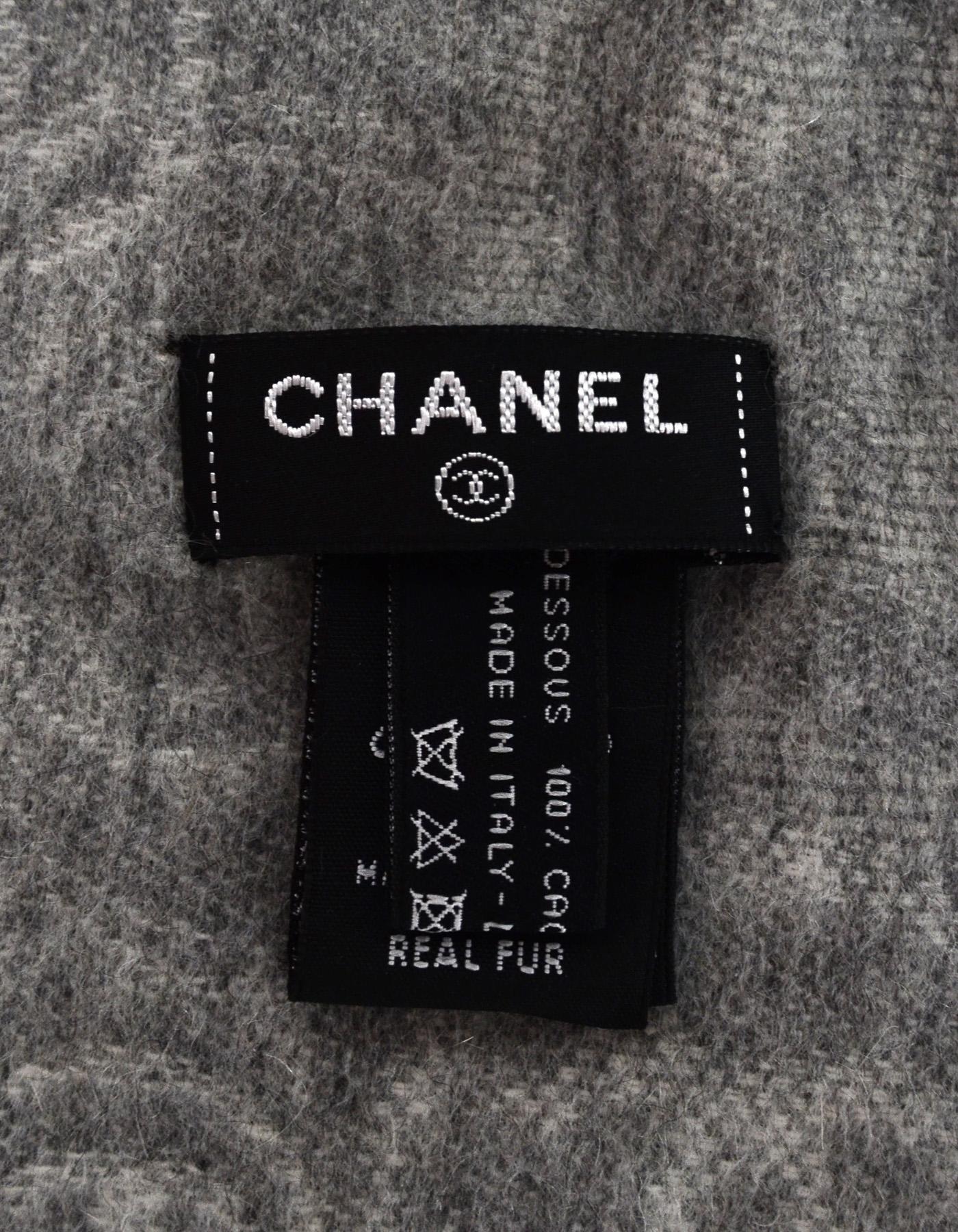 Black Chanel Grey Cashmere CC Print Rabbit Fur Stole Scarf