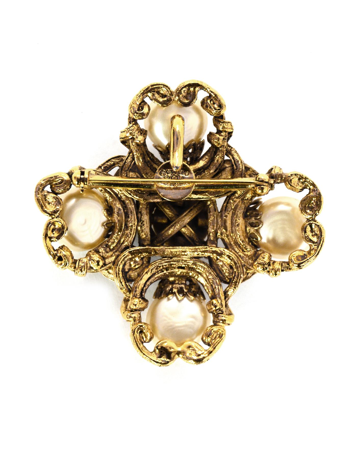 Women's or Men's Chanel '99 Goldtone Faux Pearl/Purple Gripoix/Crystals Pendant Brooch Pin