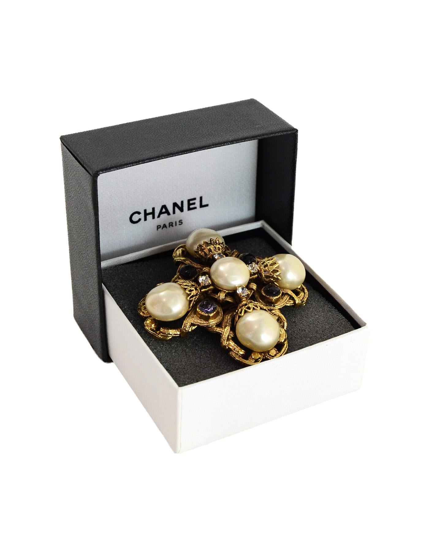 Chanel '99 Goldtone Faux Pearl/Purple Gripoix/Crystals Pendant Brooch Pin In Excellent Condition In New York, NY