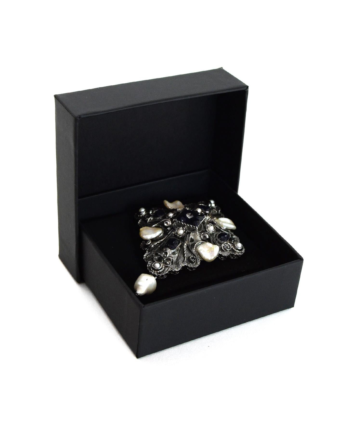 Chanel 2013 Black Ruthenium Glass & Faux Pearl Silvertone Brooch Pin w/ Box 1