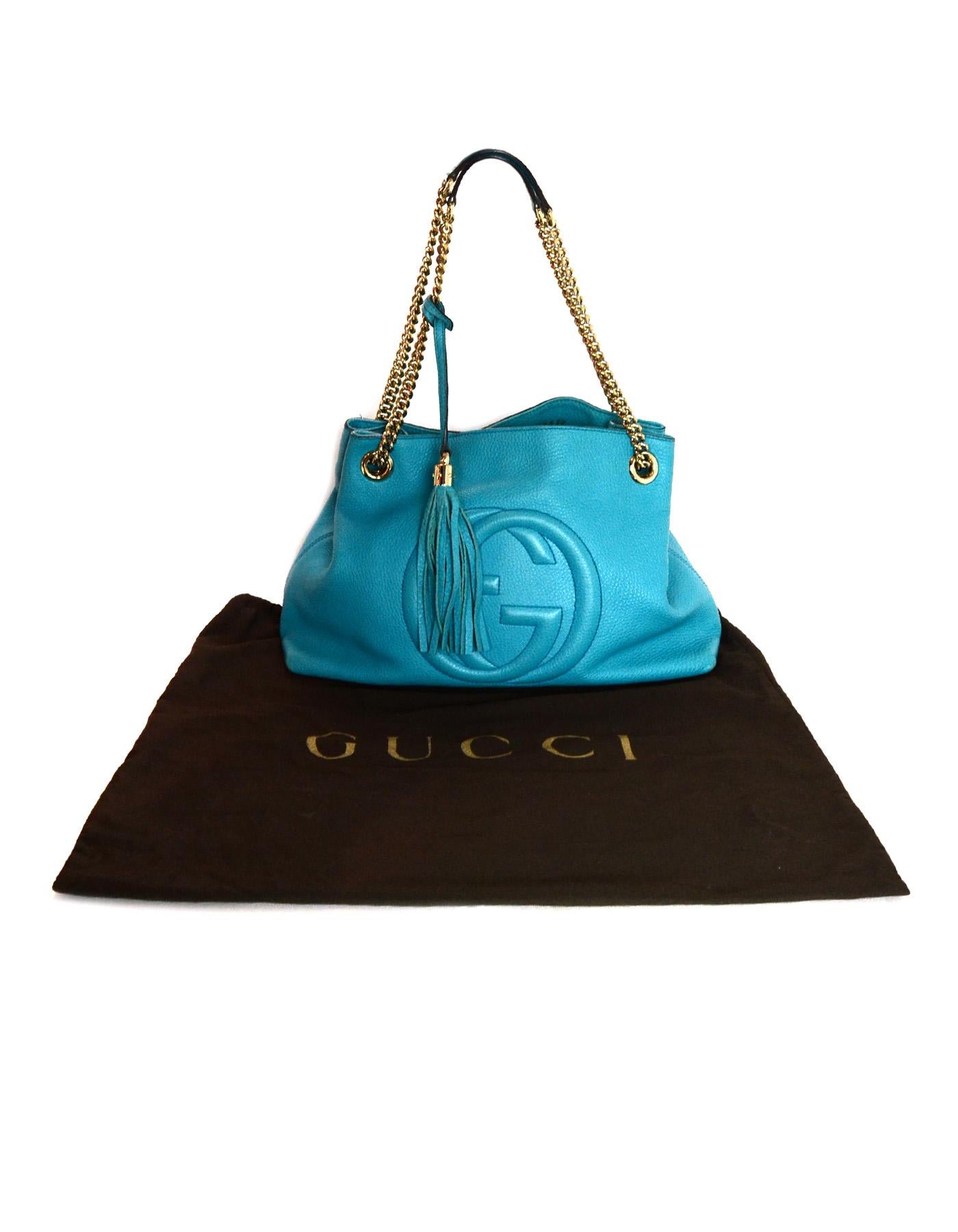 Gucci GG Logo Turquoise Pebbled Leather Soho Chain Tote Tassel Bag 6