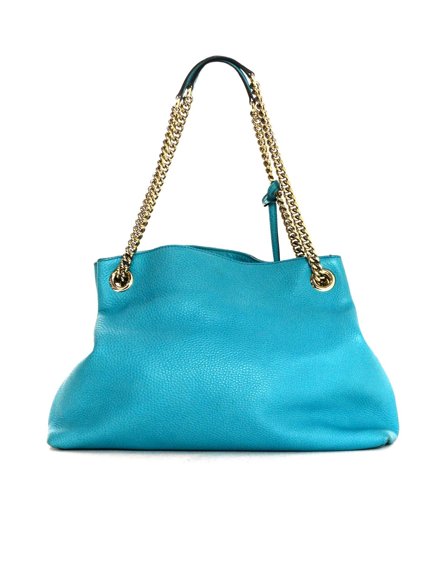 Blue Gucci GG Logo Turquoise Pebbled Leather Soho Chain Tote Tassel Bag