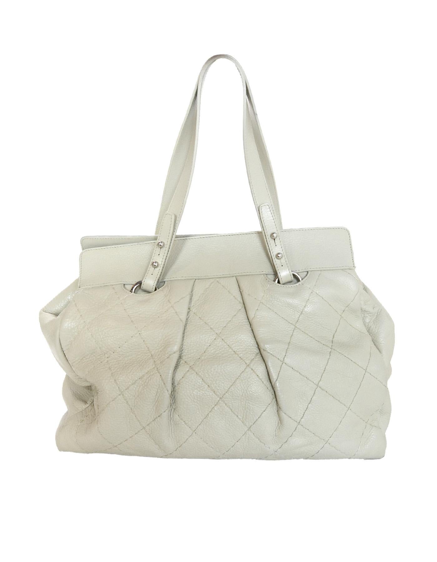 Beige Chanel Ivory Quilted Leather CC Twist Lock Tote Bag